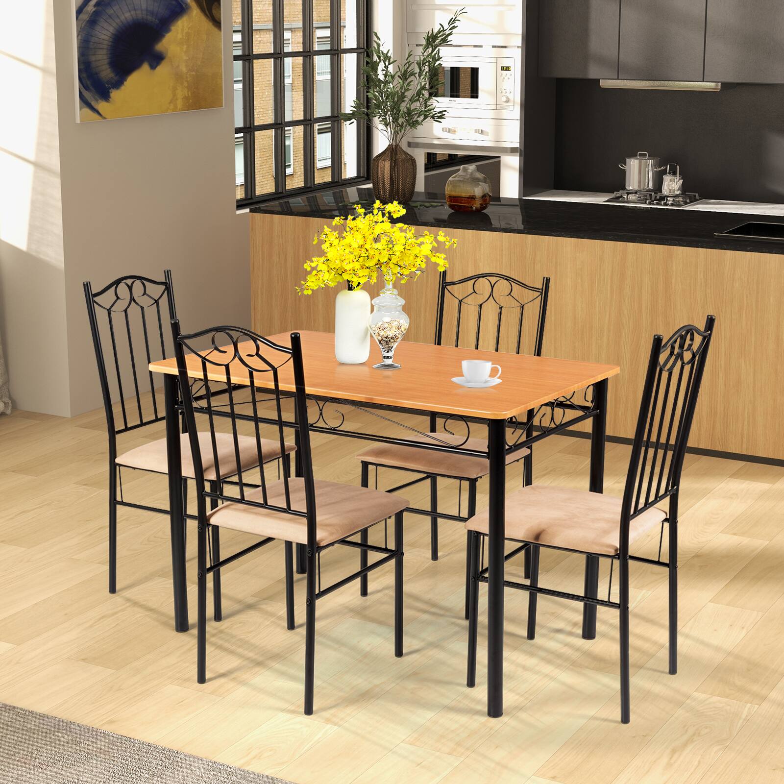Alt View 6. Ecooso - 5 Piece Dining Table Set with Wooden Table and 4 Cushioned Chairs for Dining Room - Black & Natural.