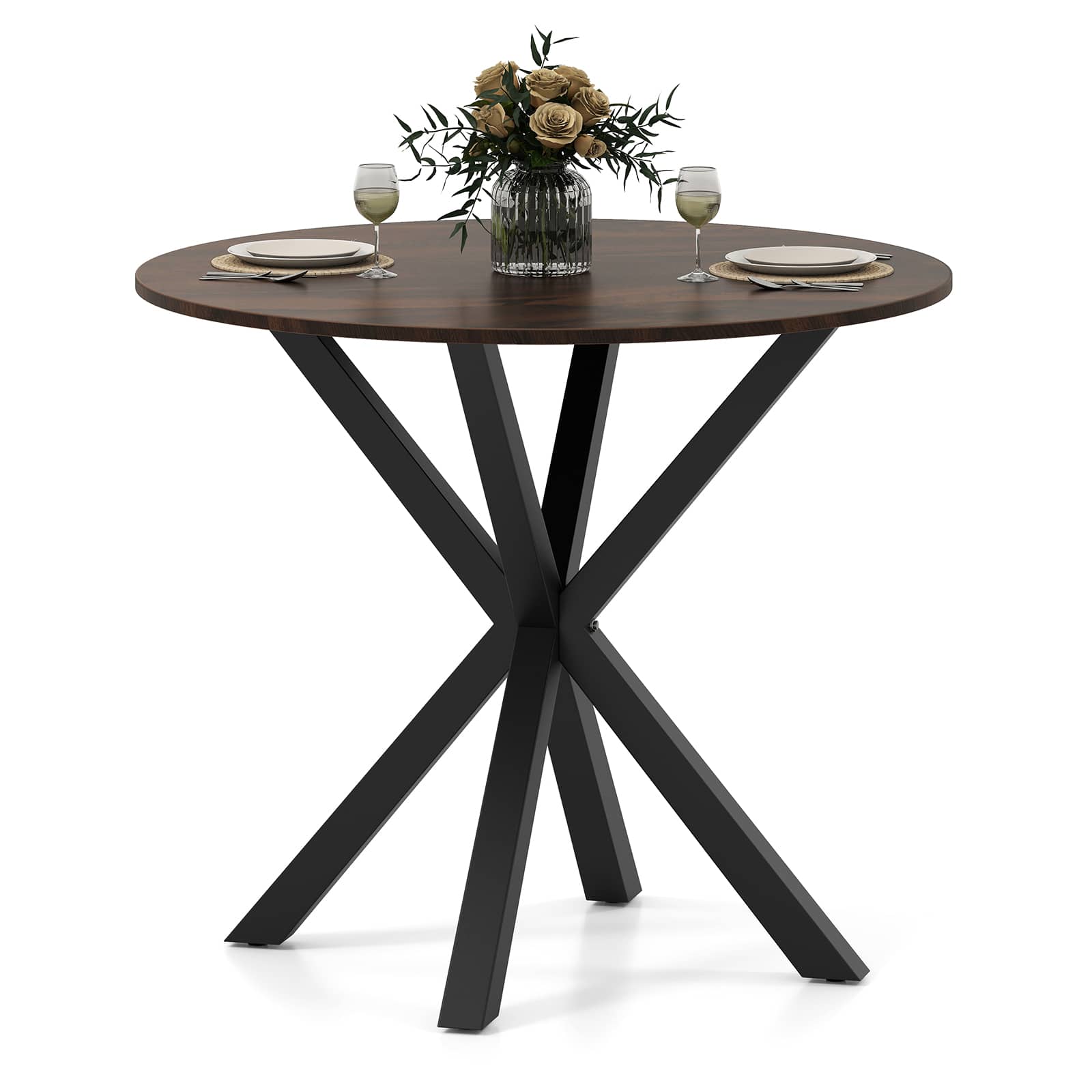 Gymax - 36'' Round Farmhouse Dining Table for 4 w/Stable Intersecting Pedestal Base - Brown