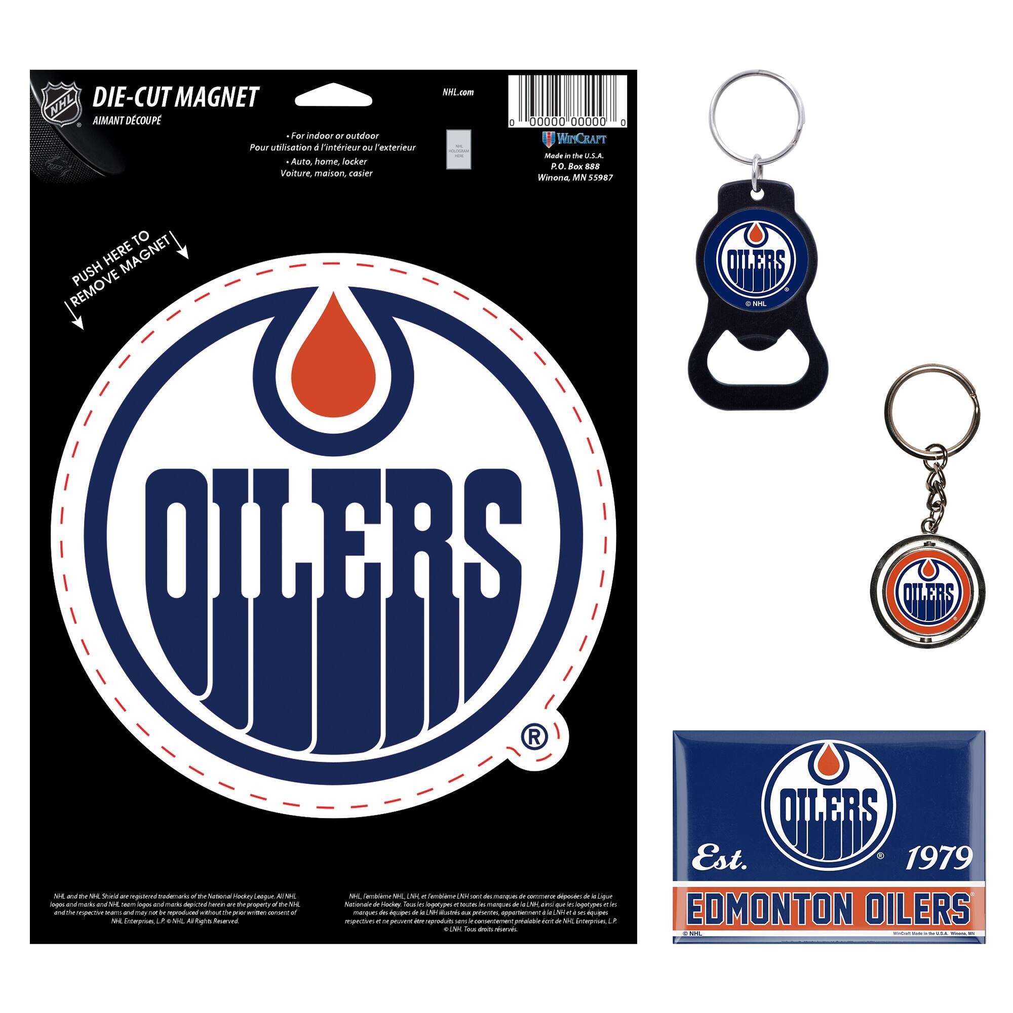**NHL DIE-CUT MAGNET**  
**AIMANT DECOUPÉ**  

*For indoor or outdoor*  
*Pour utilisation à l'intérieur ou à l'extérieur*  
*Auto, home, locker*  
*Voiture, maison, coffre*  

**PUSH HERE TO REMOVE MAGNET**  

**OILERS**  
*Est. 1979*  

**EDMONTON OILERS**  

**NHL.com**  
**00000 00000**  

**WinCraft**  
*Made in the U.S.A.*  
*P.O. Box 888*  
*Winona, MN 55987*  

**NHL and the Shield are registered trademarks of the National Hockey League. All NHL logos and marks and NHL team logos and marks used by permission of NHL Enterprises, L.P. All Rights Reserved.**  

**NHL, the NHL Shield and NHL.TV logos are registered trademarks of the National Hockey League. All NHL team logos and marks used by permission of NHL Enterprises, L.P. All Rights Reserved.**