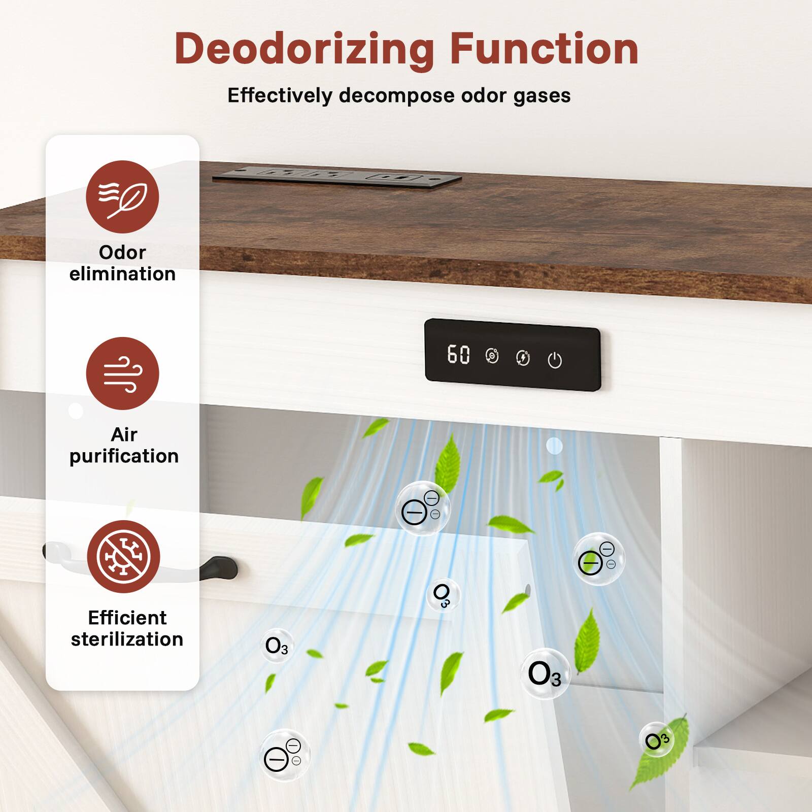 Deodorizing Function
Effectively decompose odor gases
Odor elimination
Air purification
Efficient sterilization
O3 O3 O3 O3
