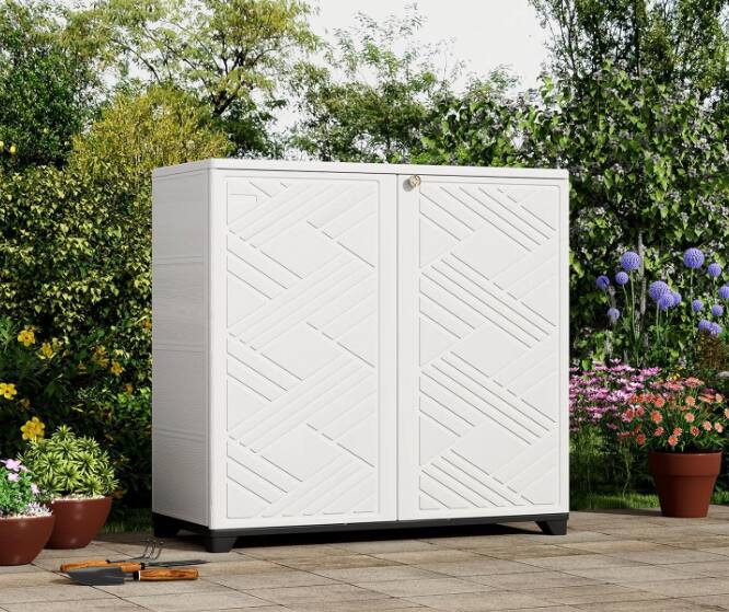 Angle. Yardgrace - Outdoor Storage Locker 34.3 in. x 15.1 in. x 33.5 in Resin Large Waterproof  80 Gal. Deck Box - White No Shelves.