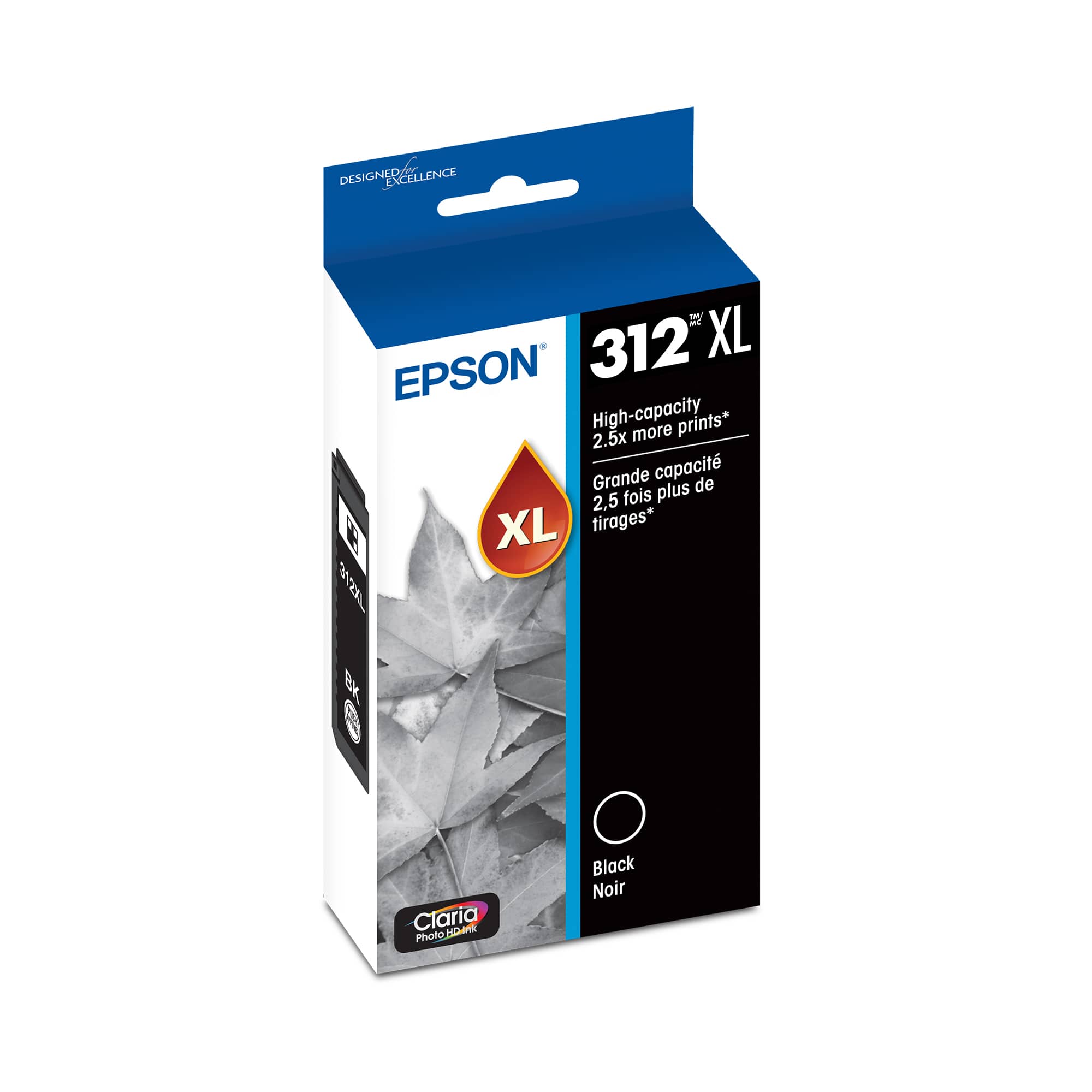 DESIGNED FOR EXCELLENCE

EPSON

312 XL

High-capacity
2.5x more prints*

Grande capacité
2.5 fois plus de tirages*

Black Noir

Claria Photo Black
