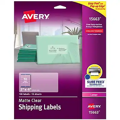 AVERY
Easy Peel™ with Pop-up Edge
15663
Free Easy-to-Use Avery Templates
avery.com/templates
G HILFORD
10 SURE FEED TECHNOLOGY
2" x 4"
100 labels - 10 sheets
Matte Clear Shipping Labels
Laser
AVERY
15663