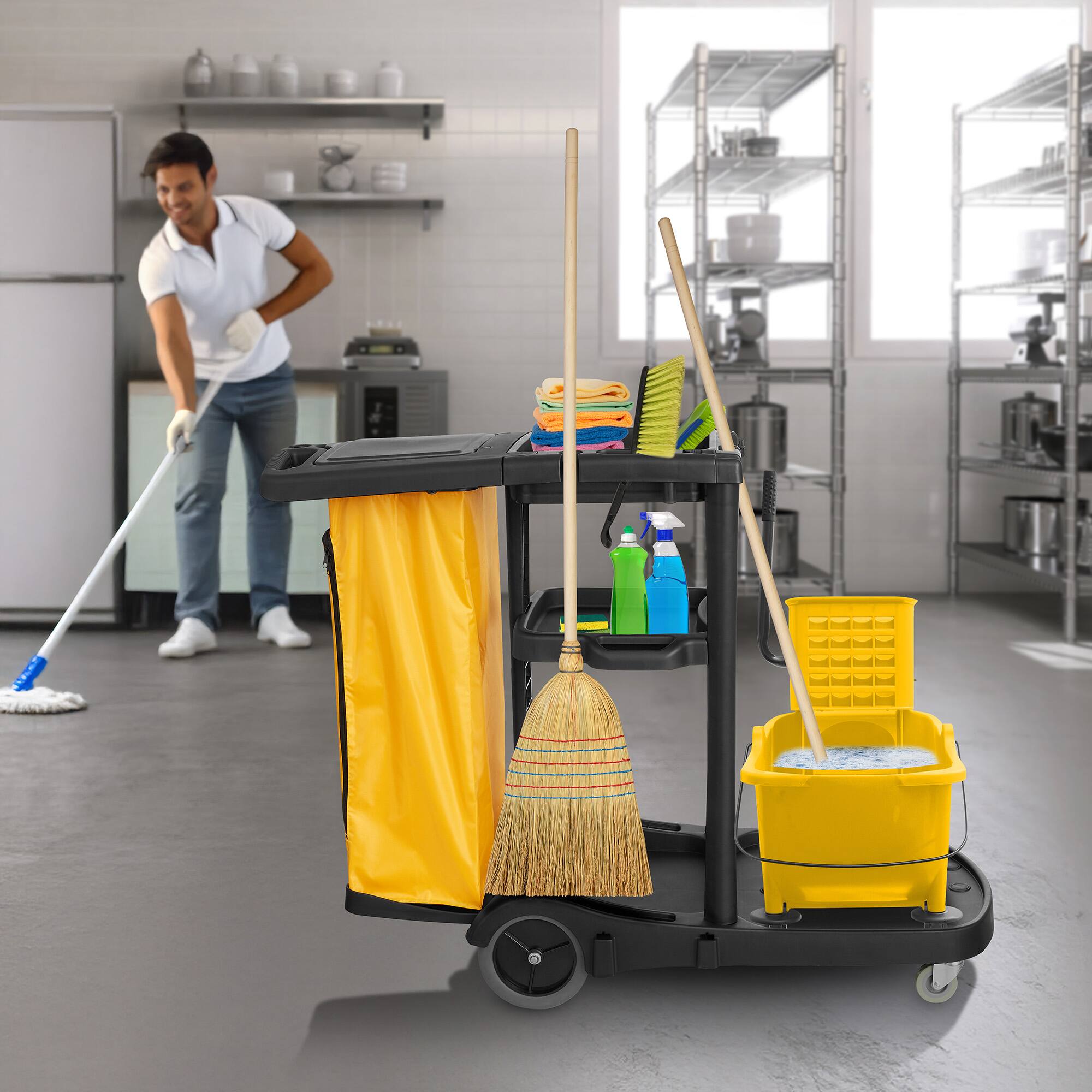 Alt View 6. Dryser - Commercial Janitorial Cleaning Cart w/ Cover - Shelves - Black - Gray.