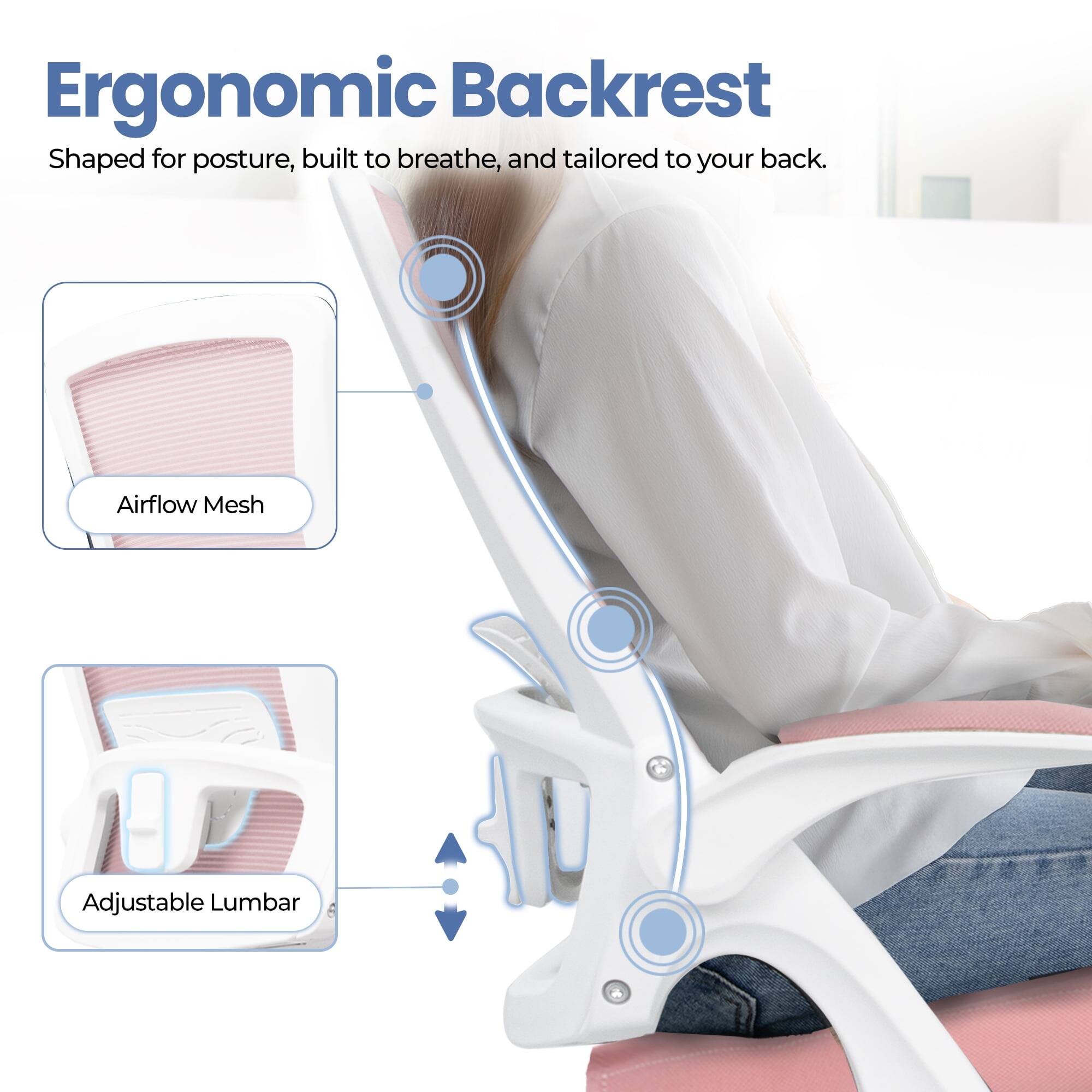 Ergonomic Backrest  
Shaped for posture, built to breathe, and tailored to your back.  

Airflow Mesh  
Adjustable Lumbar