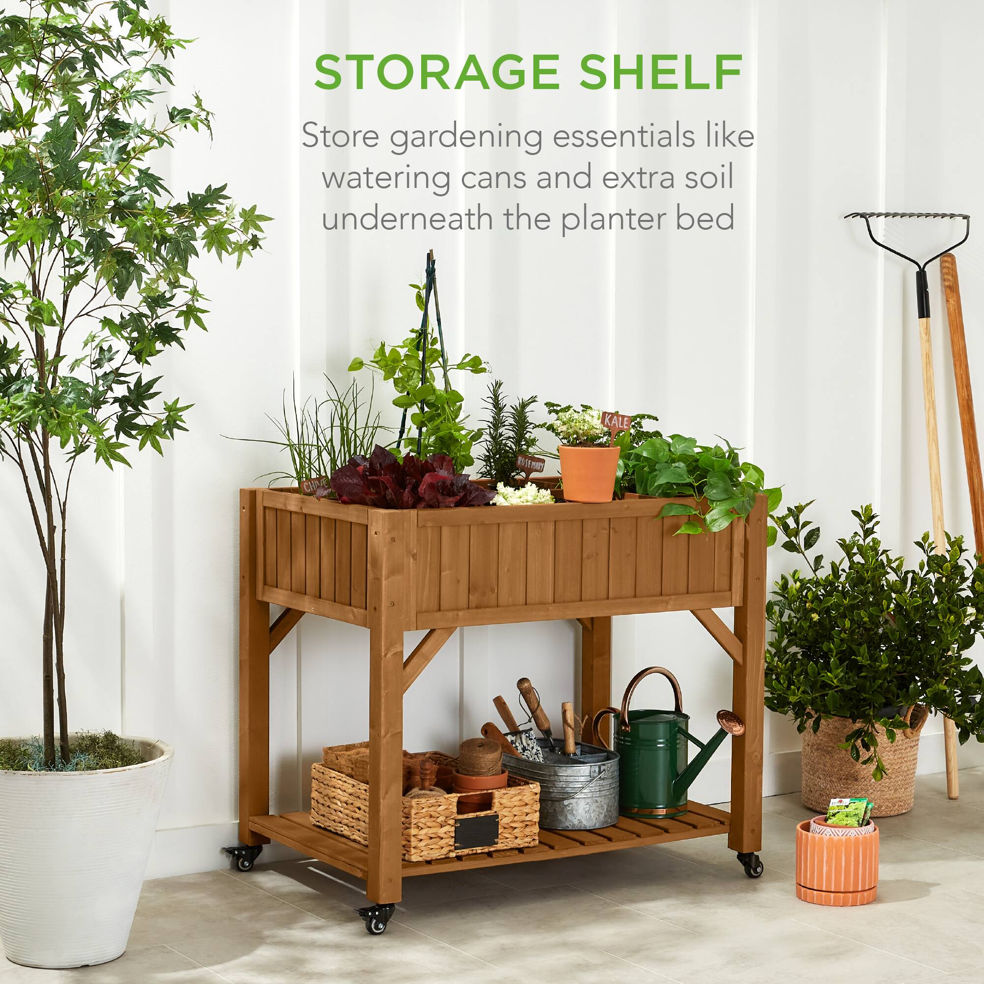 STORAGE SHELF

Store gardening essentials like watering cans and extra soil underneath the planter bed