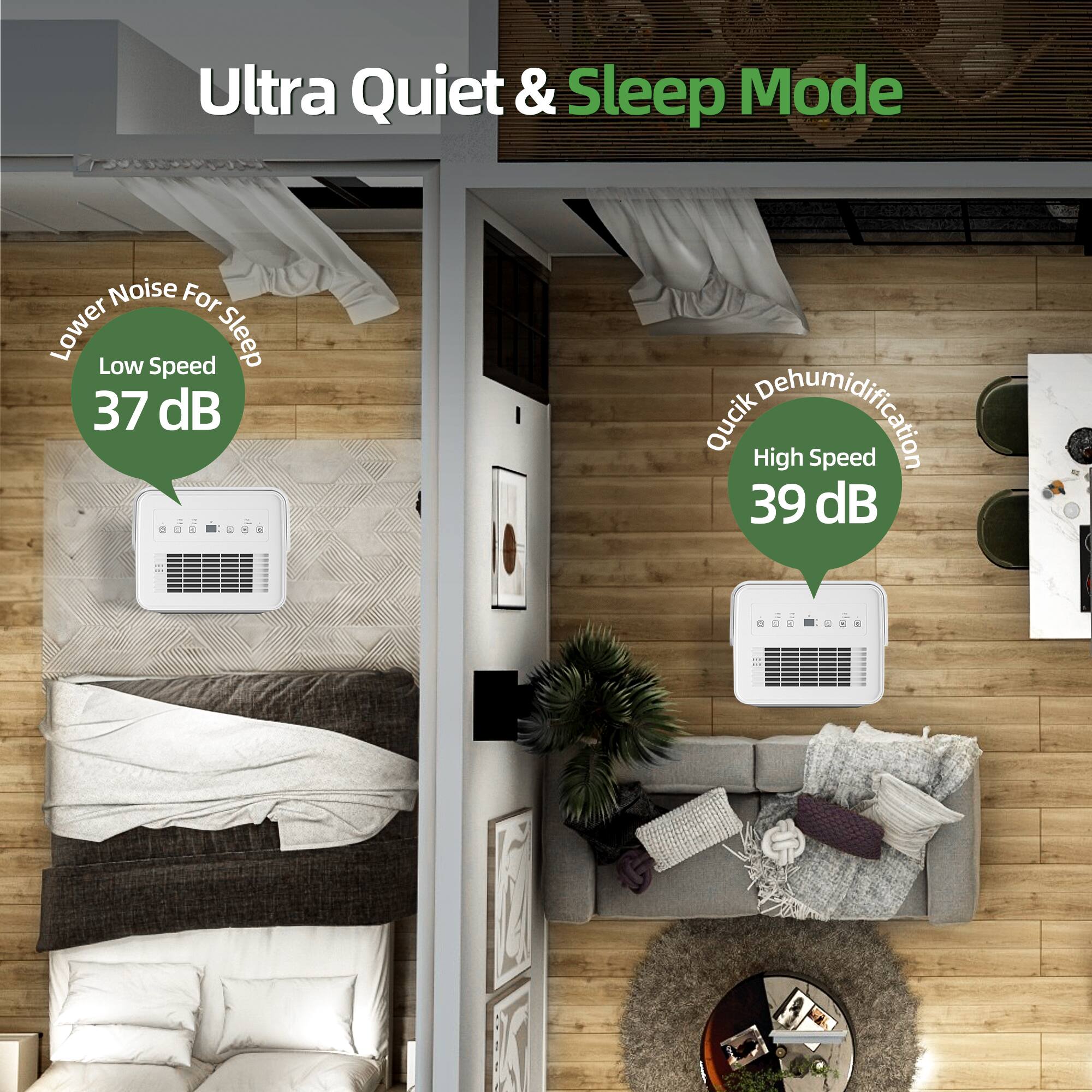 Ultra Quiet & Sleep Mode

Lower Noise For Sleep  
Low Speed 37 dB

Quick Dehumidification  
High Speed 39 dB