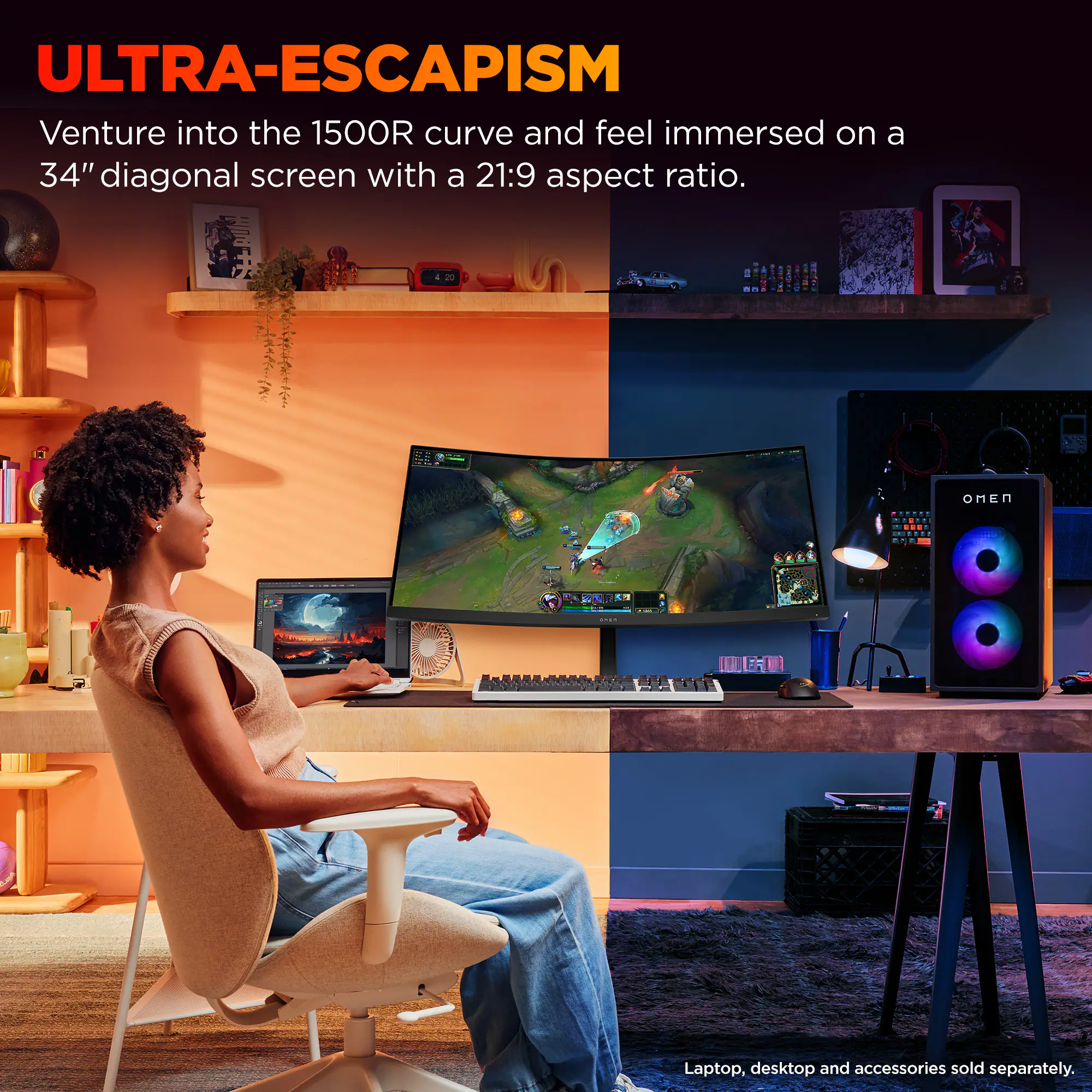 Ultra-Escapism: Venture into the 1500R curve and feel immersed on a 34" diagonal screen with a 21:9 aspect ratio. Omen laptop, desktop, and accessories sold separately.
