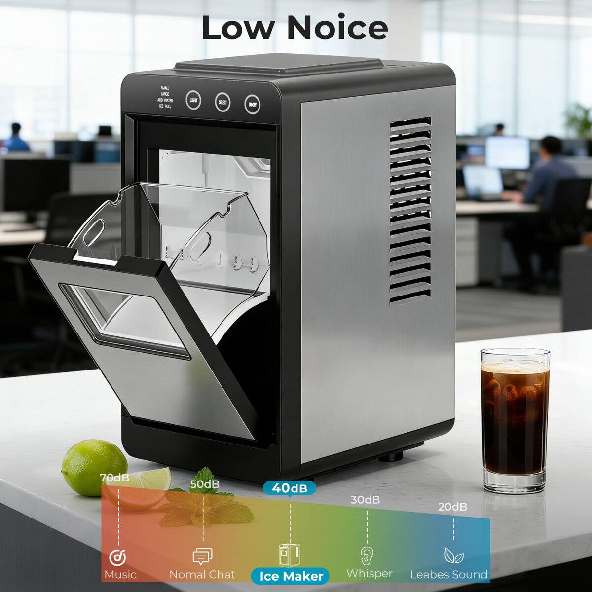 Low Noise

DALL LAKE ADO NATUR Q FALL

UGHT

OF

70dB
50dB
40dB
30dB
20dB

Music
Normal Chat
Ice Maker
Whisper
Leaves Sound
