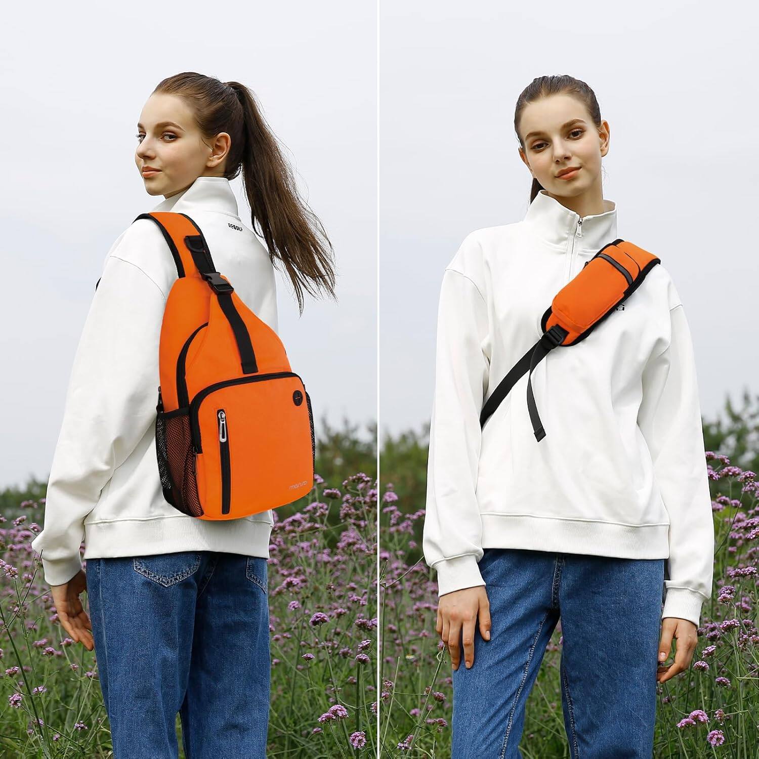 Alt View 4. mosiso - Sling Bag Crossbody Shoulder Bag Travel Hiking Daypack Chest Bag with Front Square Pocket&USB Charging Port - Orange.