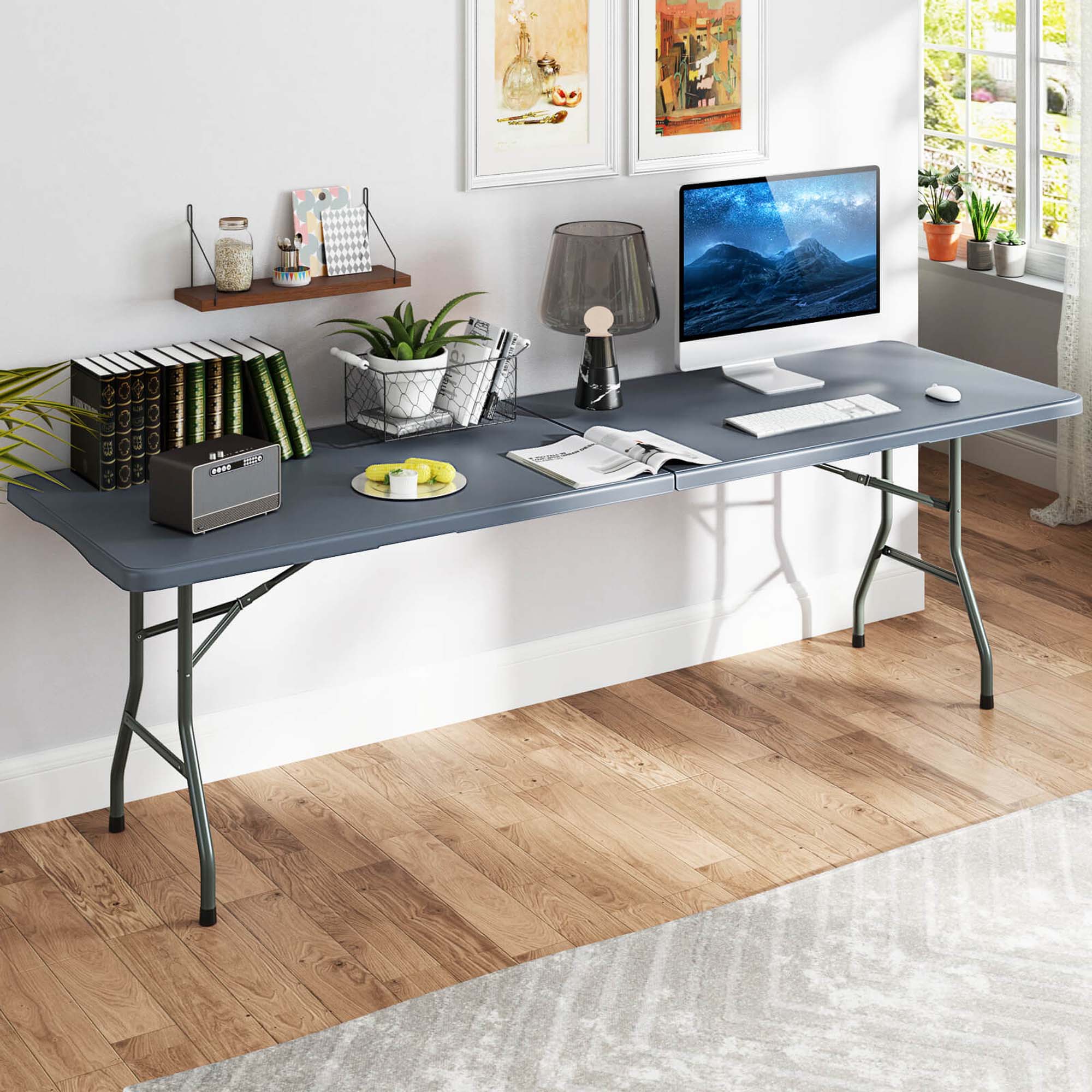 Alt View 4. Costway - Costway 8 ft Portable Folding Table with HDPE Tabletop Safe Lock Mechanism Carrying Handle - Gray.