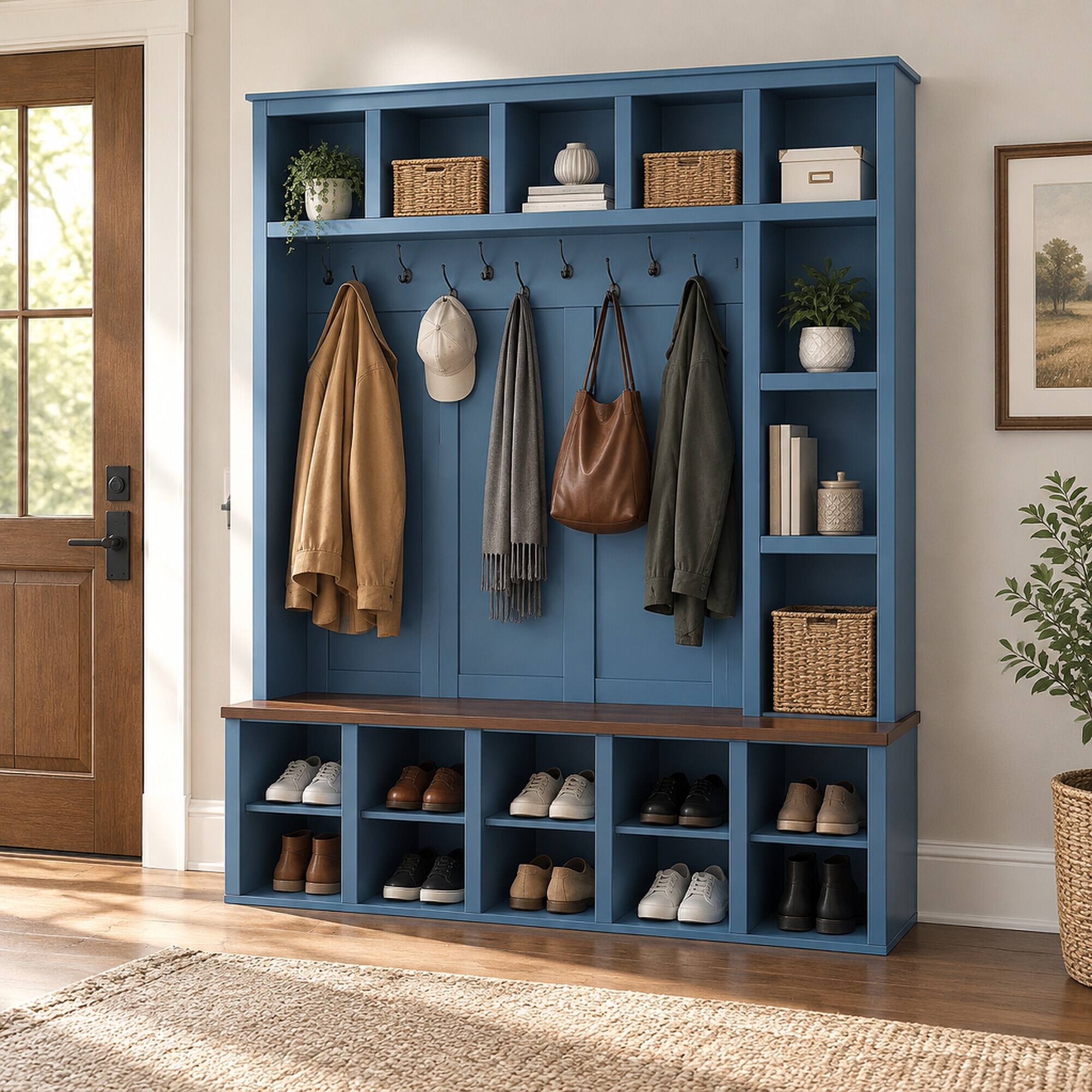 Back. RYHNUYNE - Farmhouse Hall Tree, 4-in-1 Entryway Shoe Bench, 6 Metal Hooks, 13 Cubbies, Blue and Walnut - Blue.