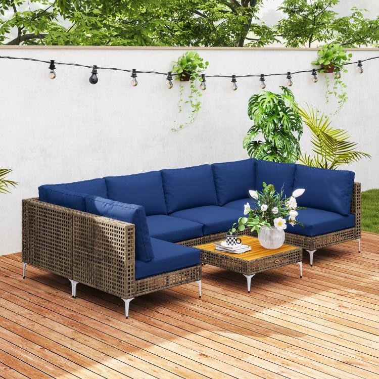 Alt View 10. PULUZ - 7 Piece Wicker Patio Furniture Set, Modular Outdoor Sectional with Thickened Cushions, Acacia Wood Table - Brown/Blue.