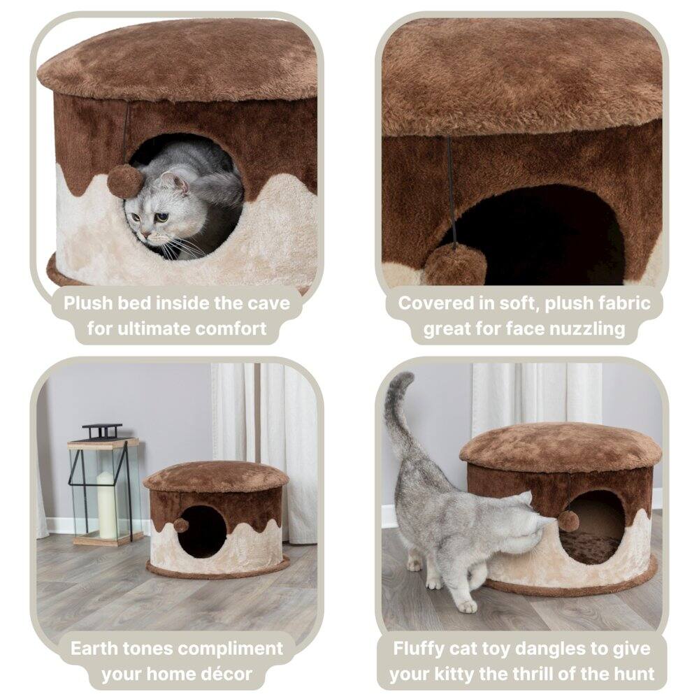 Plush bed inside the cave for ultimate comfort  
Covered in soft, plush fabric great for face nuzzling  
Earth tones complement your home décor  
Fluffy cat toy dangles to give your kitty the thrill of the hunt