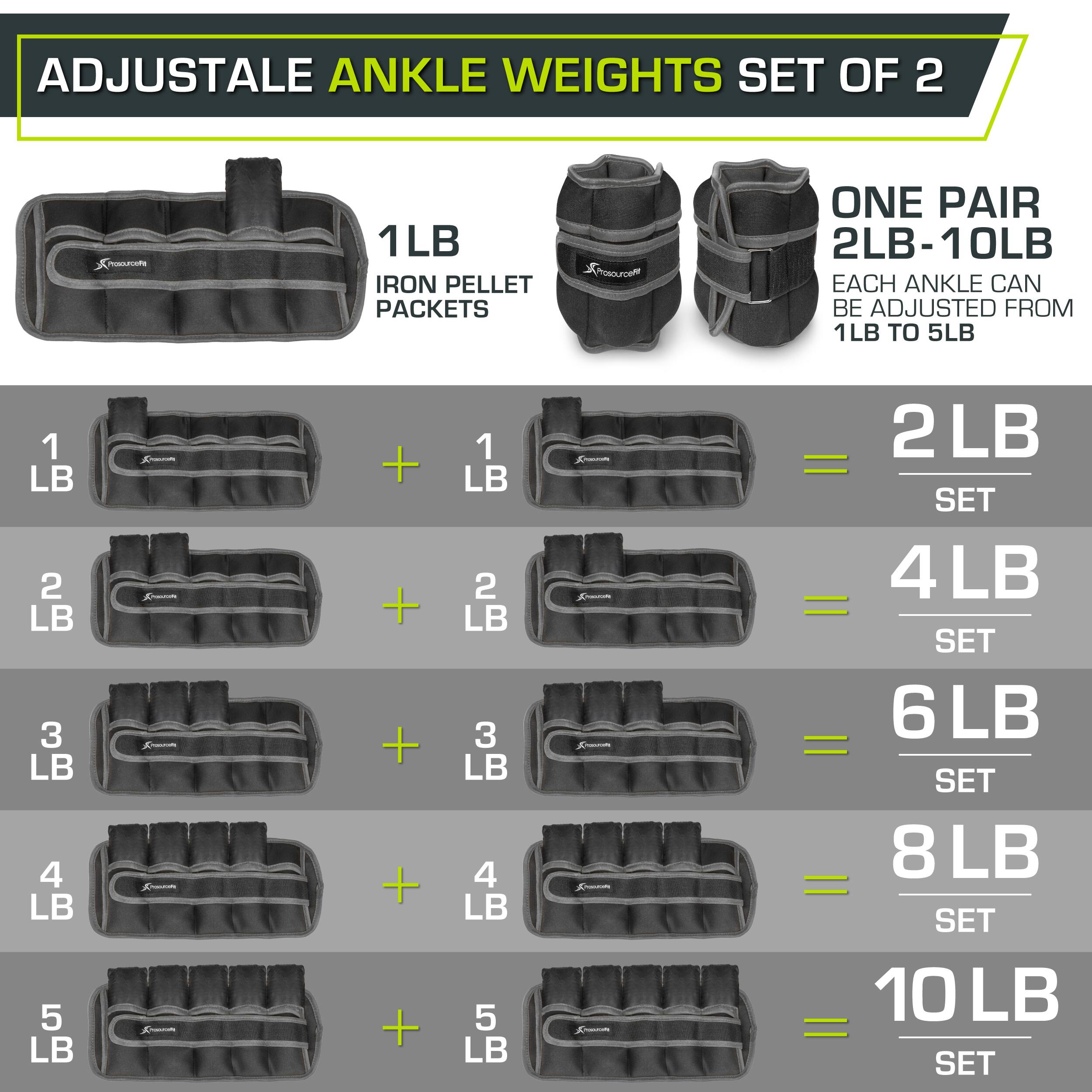 ADJUSTALE ANKLE WEIGHTS SET OF 2  1LB IRON PELLET PACKETS Knnrc ONE PAIR 2LB-10LB EACH ANKLE CAN BE ADJUSTED FROM 1LB TO 5LB 1 LB 2 LB 3 LB 4 LB 5 LB  + + + + + 1 LB 2 LB 3 LB 4 LB 5 LB = SET 2LB = SET 4LB = SET 6LB SET 8 LB SET 10 LB SET