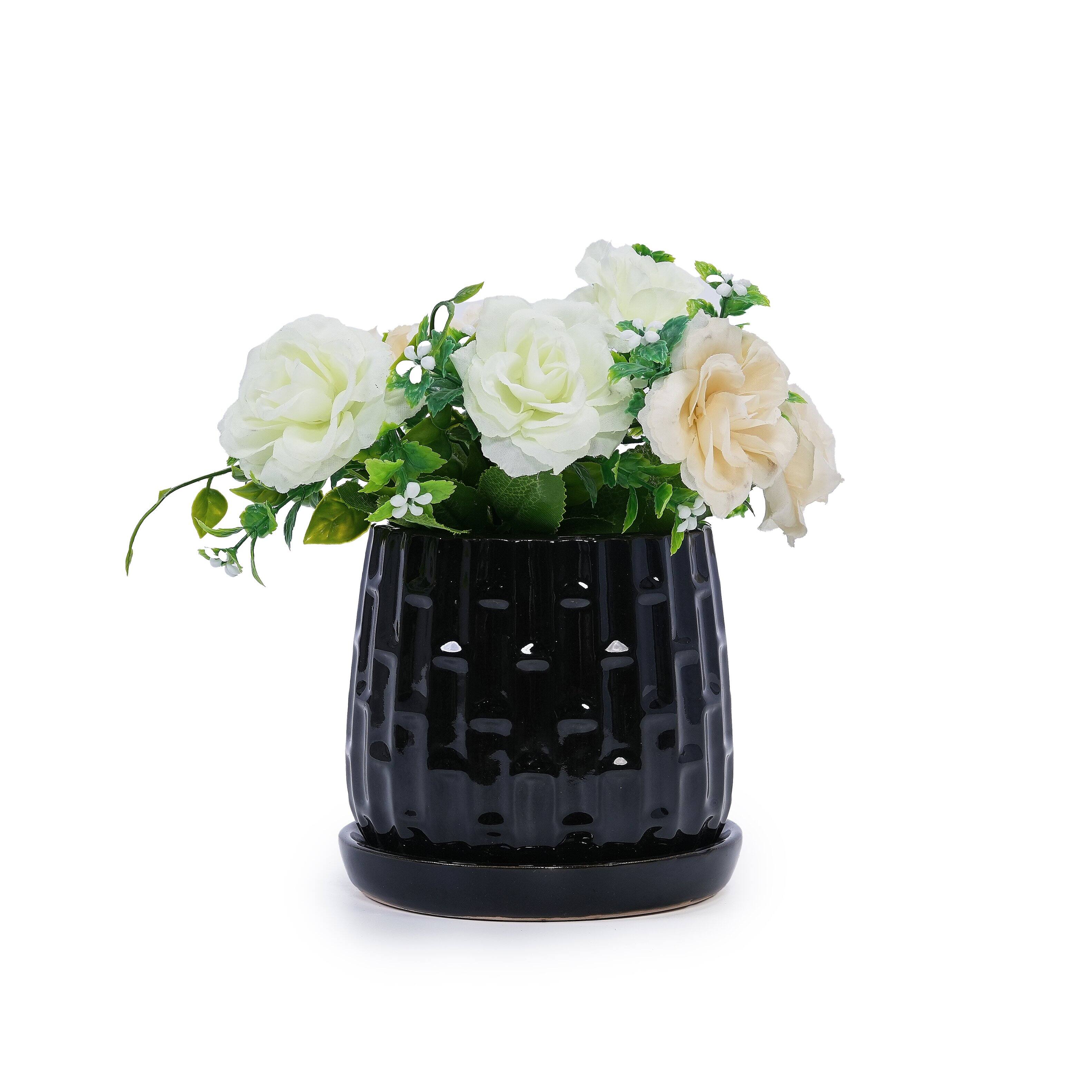 Alt View 4. Loheer - Loheer Ceramic Orchid Pot Set, Handmade Black Planter with Saucer, Breathable Clay, Groove Pattern, 6 and 8 Inch.