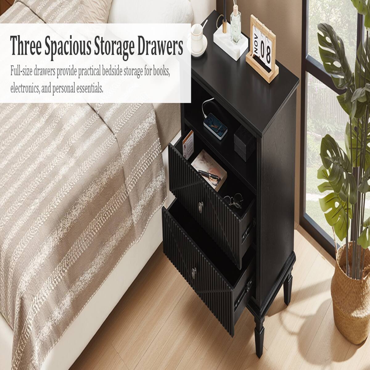 Three Spacious Storage Drawers  
Full-size drawers provide practical bedside storage for books, electronics, and personal essentials.