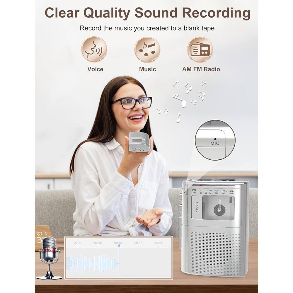 Clear Quality Sound Recording  
Record the music you created to a blank tape  

Voice  
Music  
AM FM Radio  

MIC  

00:14 00:15 00:16 00:17 00:18  

LIVE