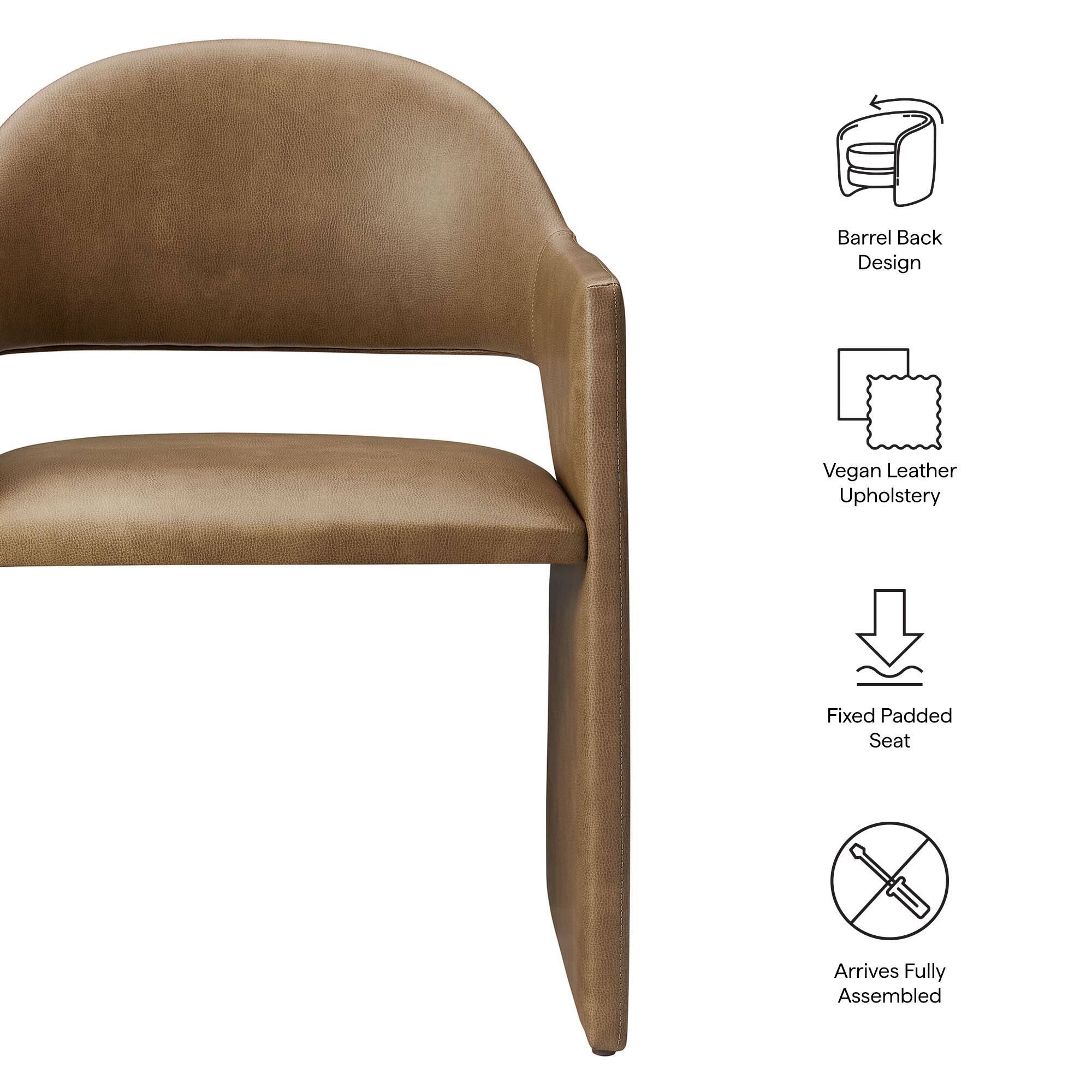 - Barrel Back Design
- Vegan Leather Upholstery
- Fixed Padded Seat
- Arrives Fully Assembled