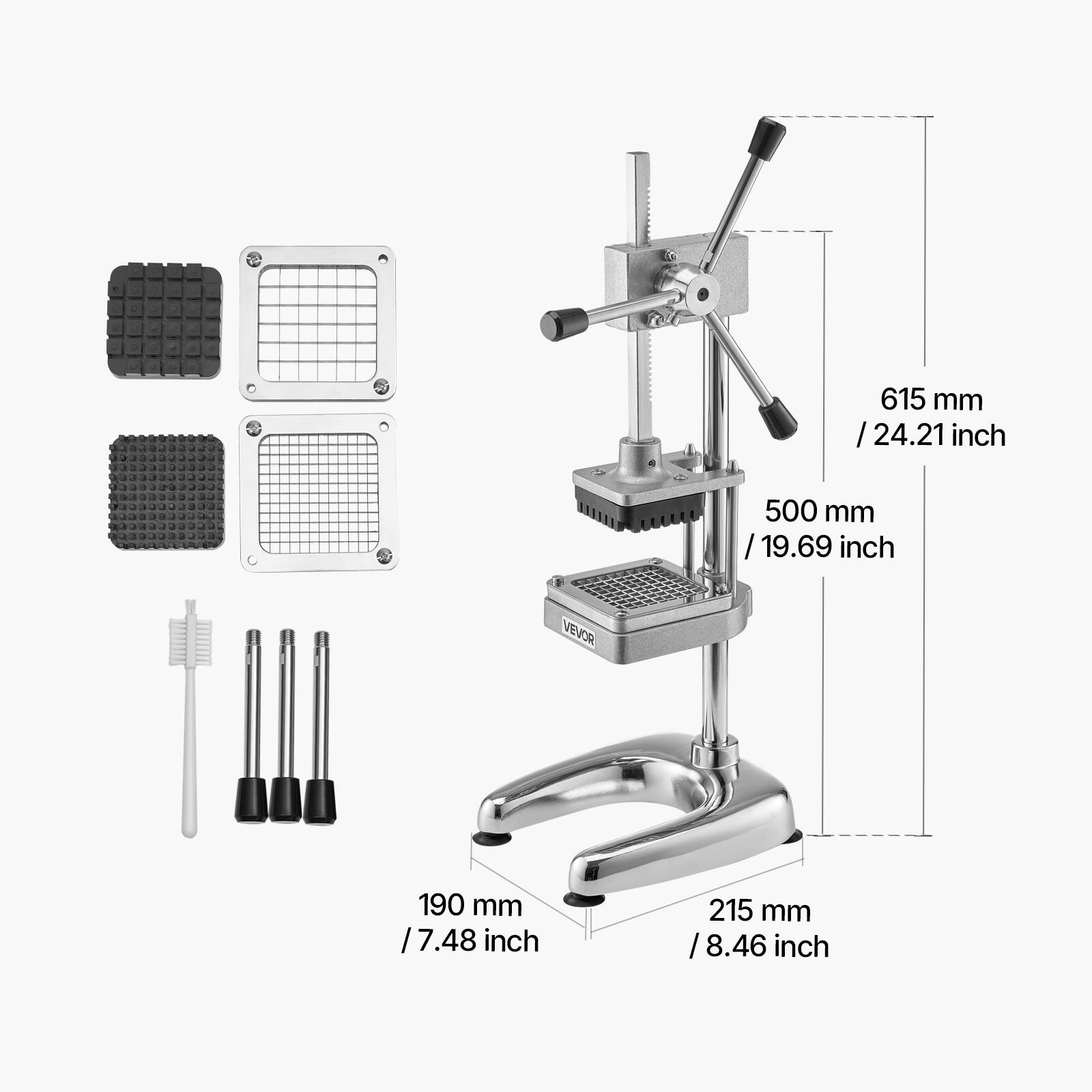 615 mm / 24.21 inch  
500 mm / 19.69 inch  
190 mm / 7.48 inch  
215 mm / 8.46 inch