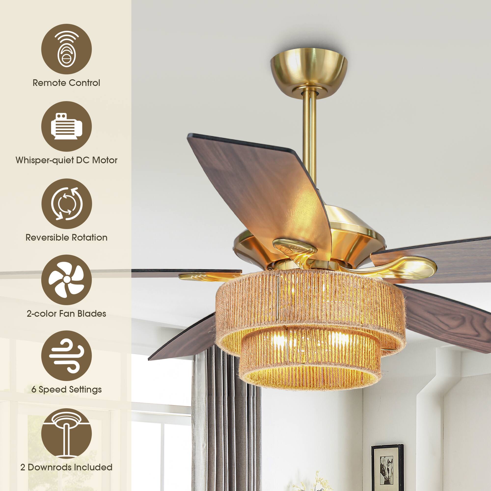 Remote Control  
Whisper-quiet DC Motor  
Reversible Rotation  
2-color Fan Blades  
6 Speed Settings  
2 Downrods Included