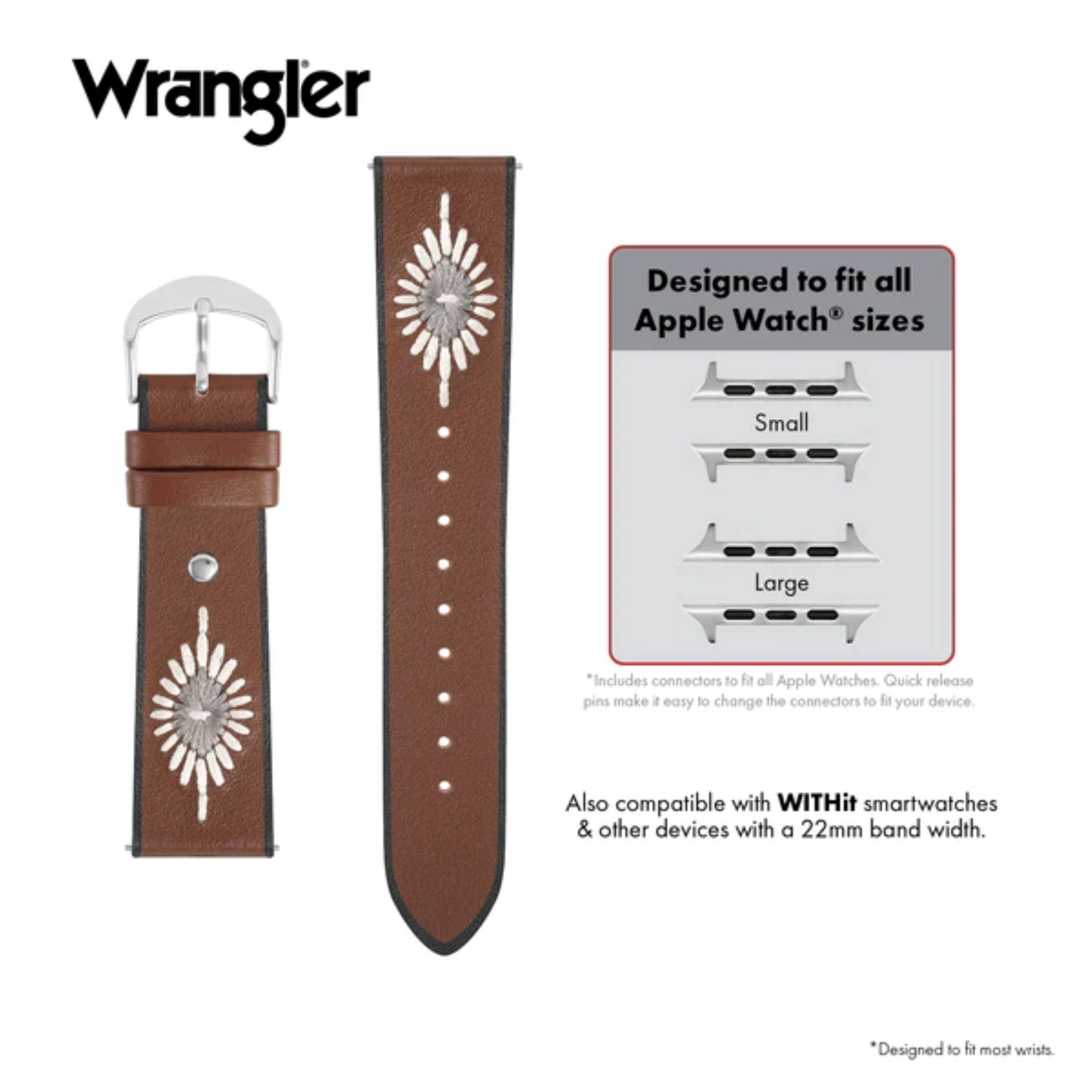 Wrangler

Designed to fit all Apple Watch® sizes  
Small  
Large  

*Includes connectors to fit all Apple Watches. Quick release pins make it easy to change the connectors to fit your device.  

Also compatible with WITHit smartwatches & other devices with a 22mm band width.  

*Designed to fit most wrists.