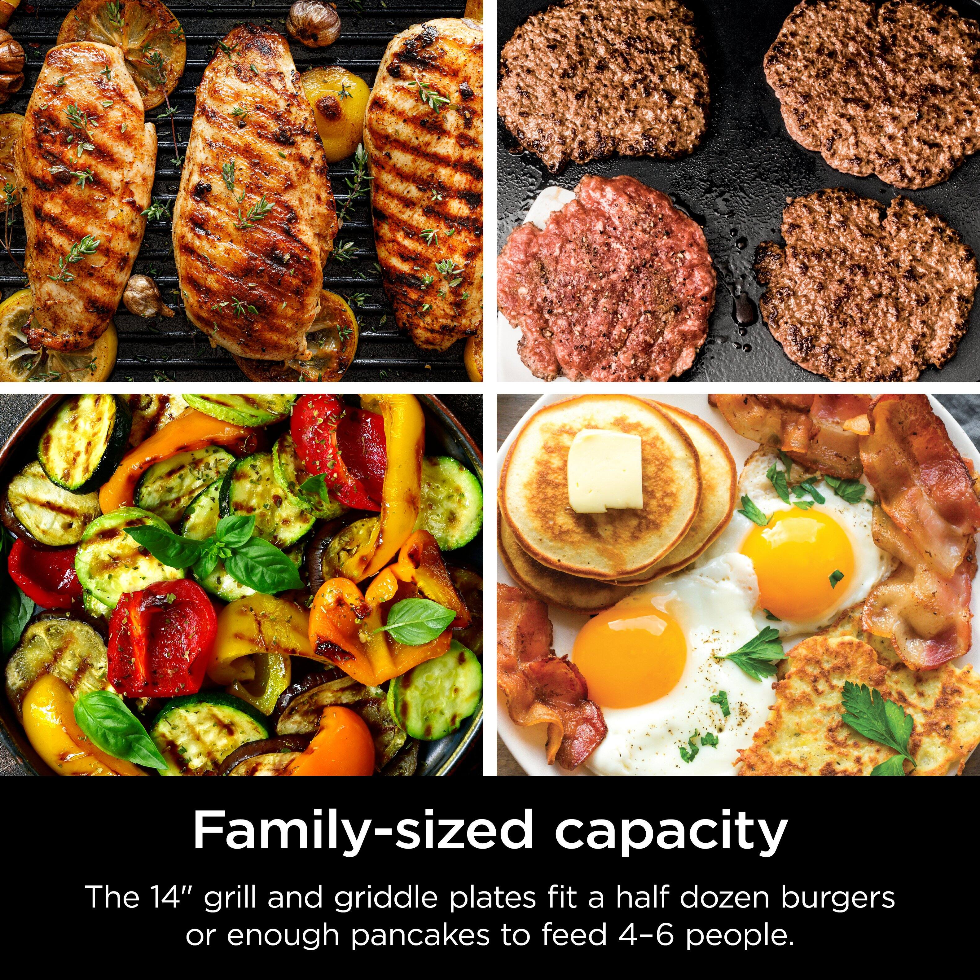 The 14" grill and griddle plates fit a half dozen burgers or enough pancakes to feed 4-6 people.