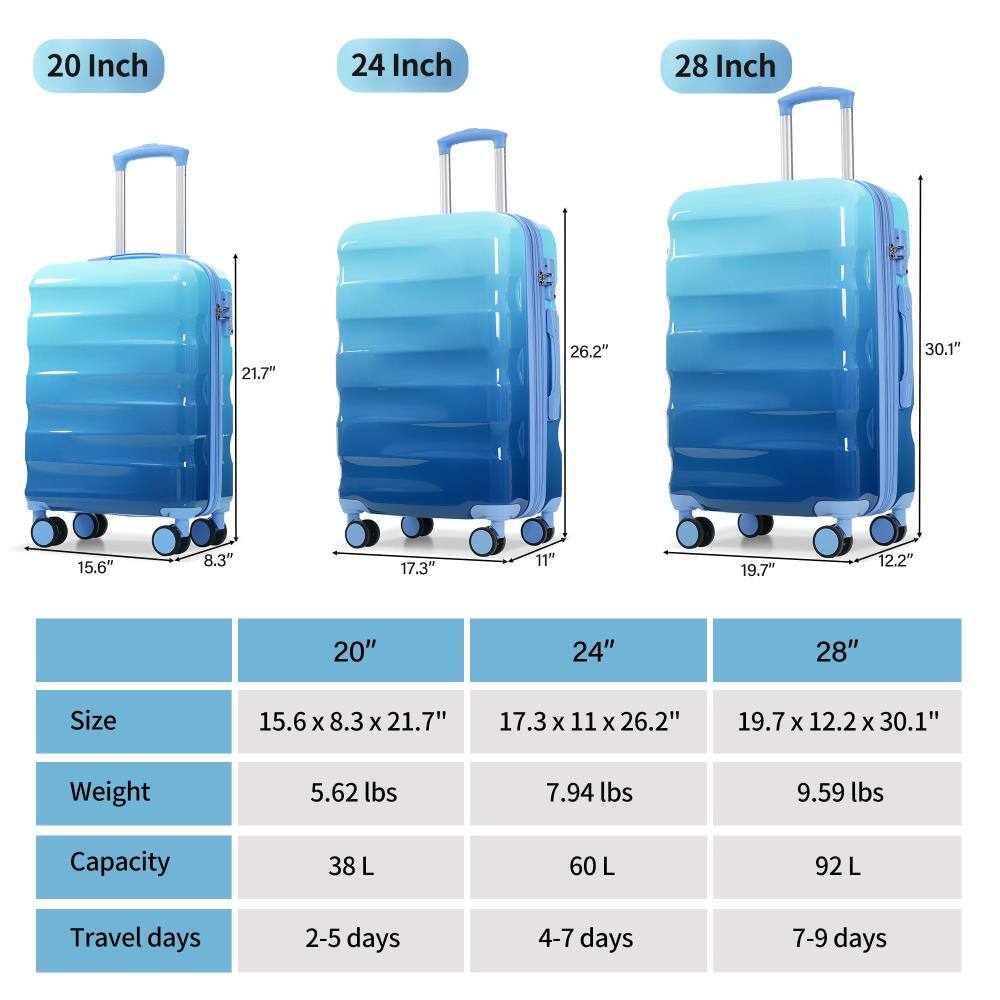 20 Inch  
Size: 15.6" x 8.3" x 21.7"  
Weight: 5.62 lbs  
Capacity: 38 L  
Travel days: 2-5 days  

24 Inch  
Size: 17.3" x 11" x 26.2"  
Weight: 7.94 lbs  
Capacity: 60 L  
Travel days: 4-7 days  

28 Inch  
Size: 19.7" x 12.2" x 30.1"  
Weight: 9.59 lbs  
Capacity: 92 L  
Travel days: 7-9 days