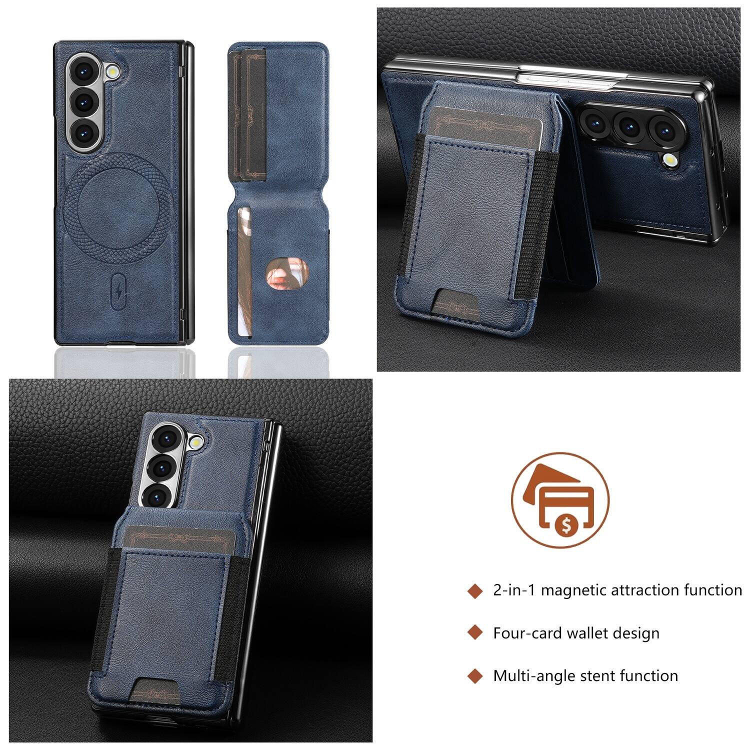 - 2-in-1 magnetic attraction function
- Four-card wallet design
- Multi-angle stent function