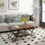 "A living room with a couch, coffee table, and lamp. The couch has pillows on it and there is a vase of flowers on the table. The room is decorated with artwork and has a black and white rug."