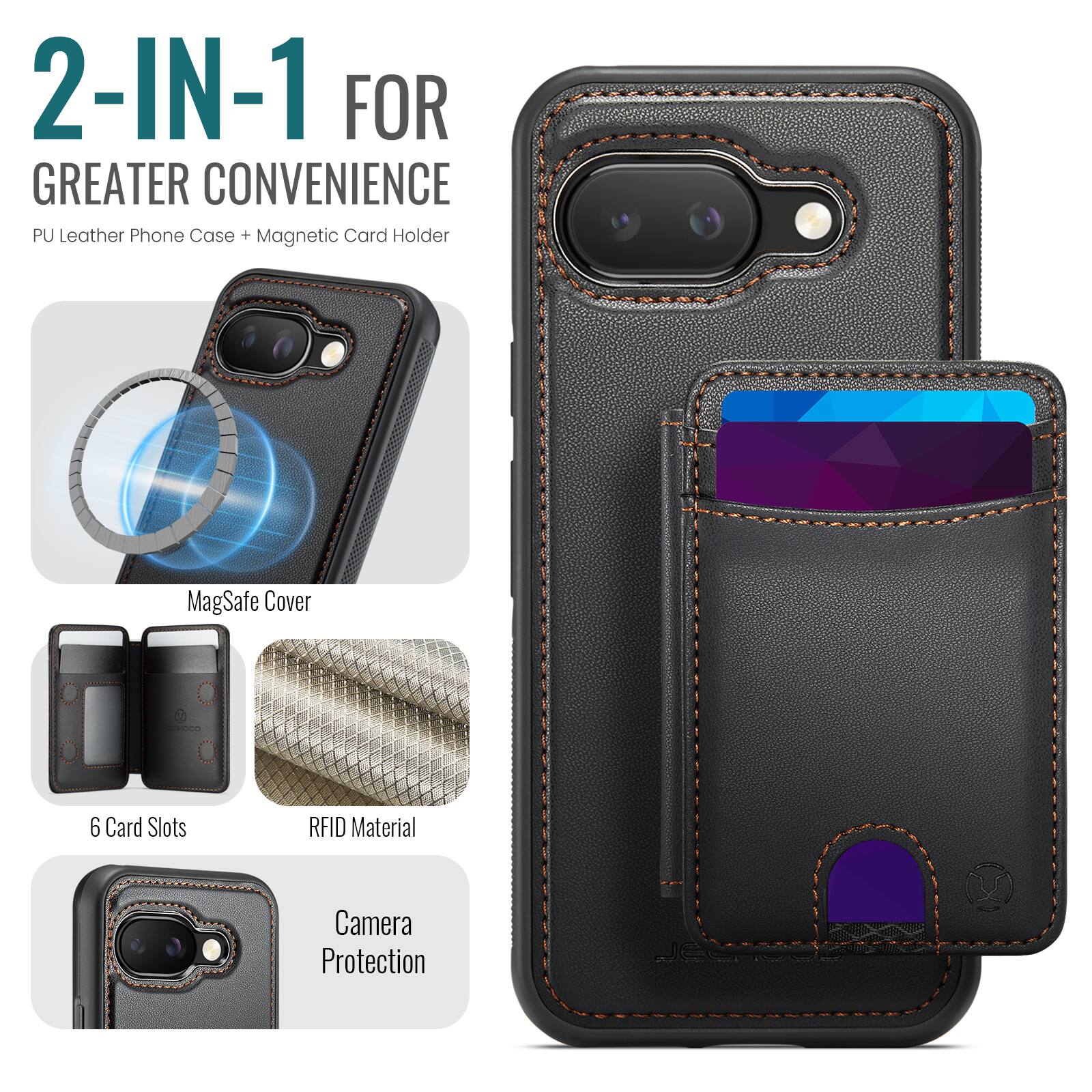 2-IN-1 FOR GREATER CONVENIENCE  
PU Leather Phone Case + Magnetic Card Holder  
MagSafe Cover  
6 Card Slots  
RFID Material  
Camera Protection