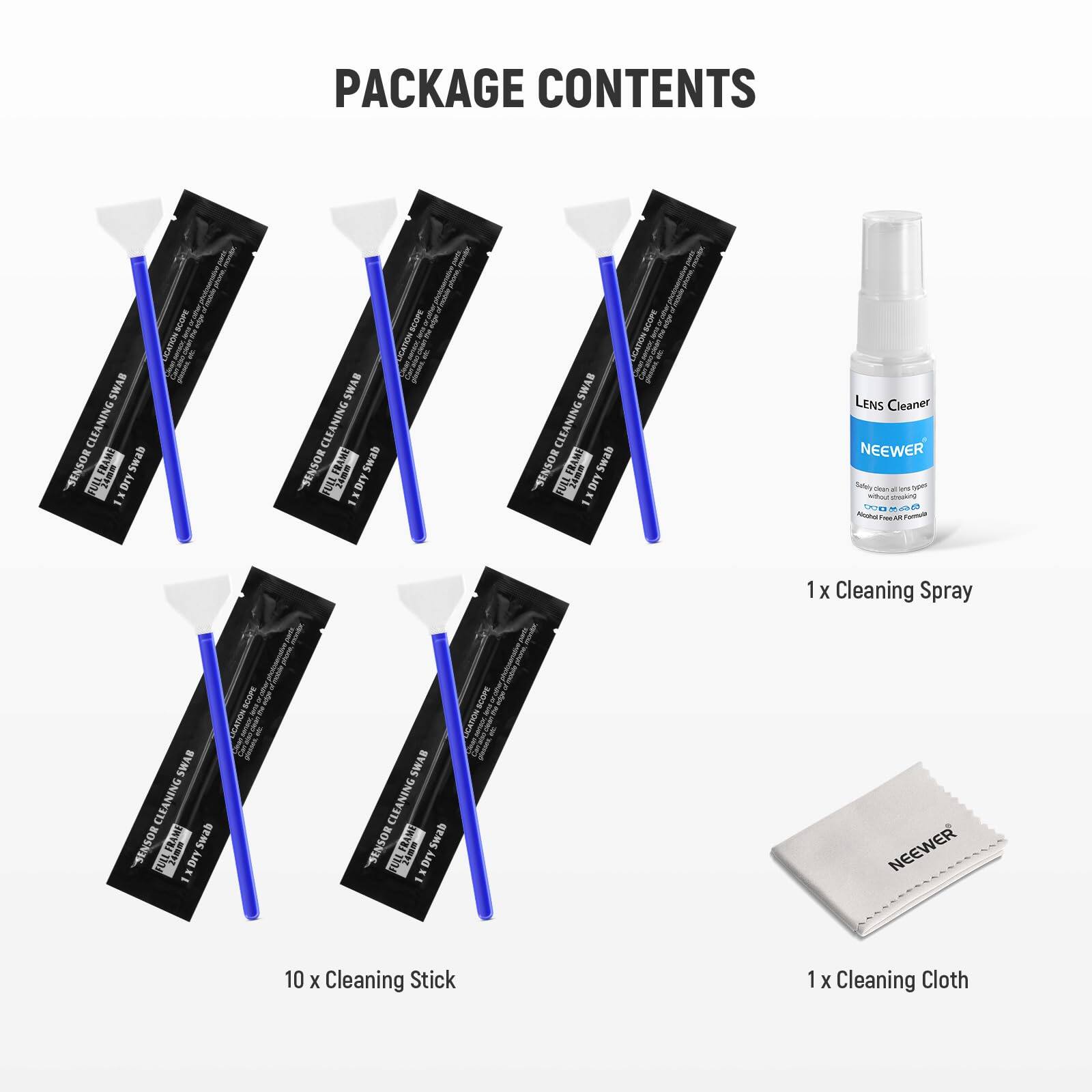 PACKAGE CONTENTS

- 10 x Cleaning Stick
- 1 x Cleaning Spray
- 1 x Cleaning Cloth