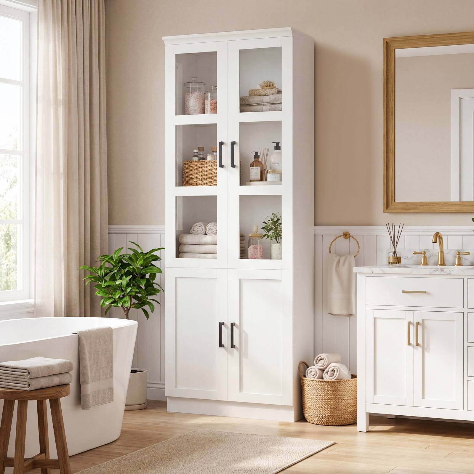 Alt View 2. Aheaplus - Pantry Storage Cabinet, 79.7'' Tall Freestanding Kitchen Storage Cabinet with Glass Doors & Adjustable Shelves - White.