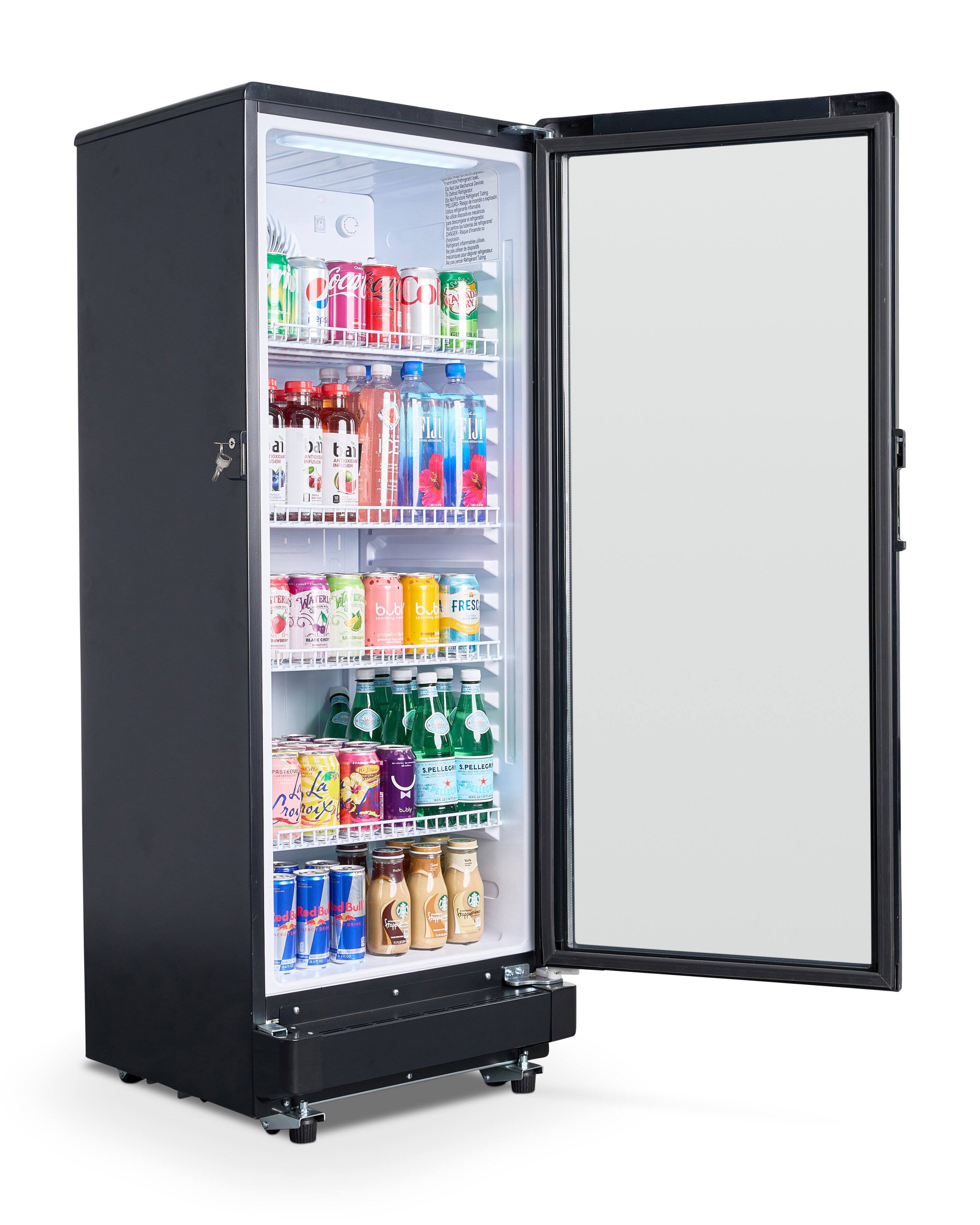 The image features a refrigerator with a variety of drinks inside. There are several bottles of soda, including Coke and Pepsi, as well as a few bottles of water. The refrigerator is filled with a diverse selection of beverages, making it a convenient place to store drinks for a gathering or personal use.