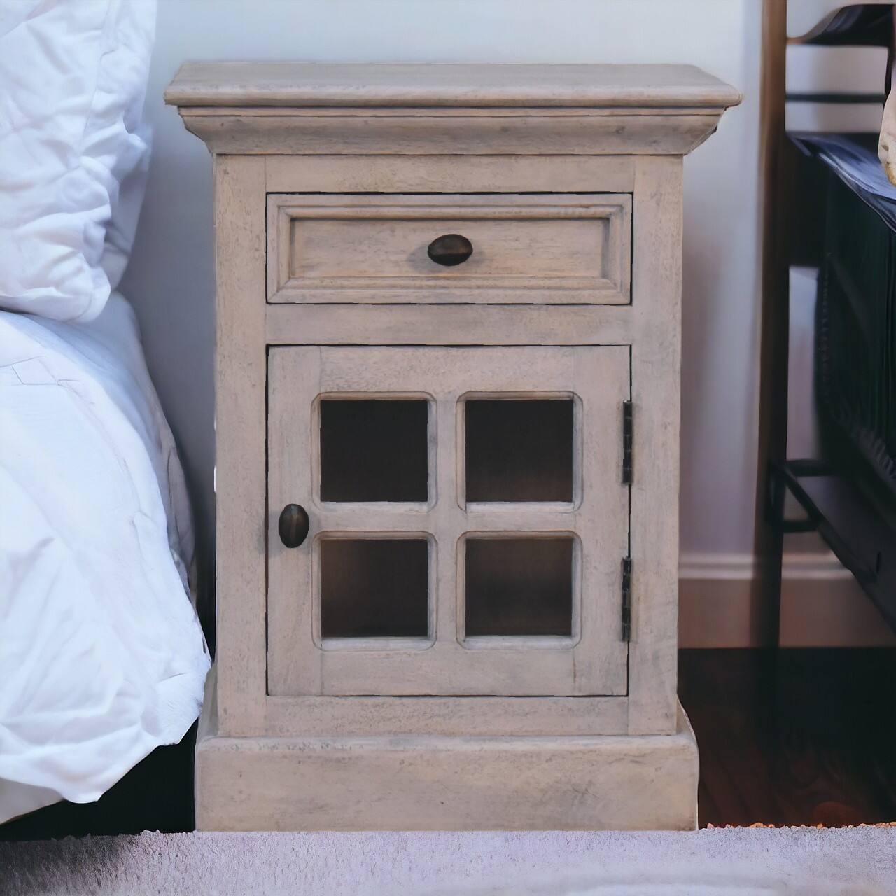 Angle. Artisan Furniture - Artisan Furniture Solid Wood Glazed Stone Nightstand, 1 drawer, 1 Storage, Antique White - White.