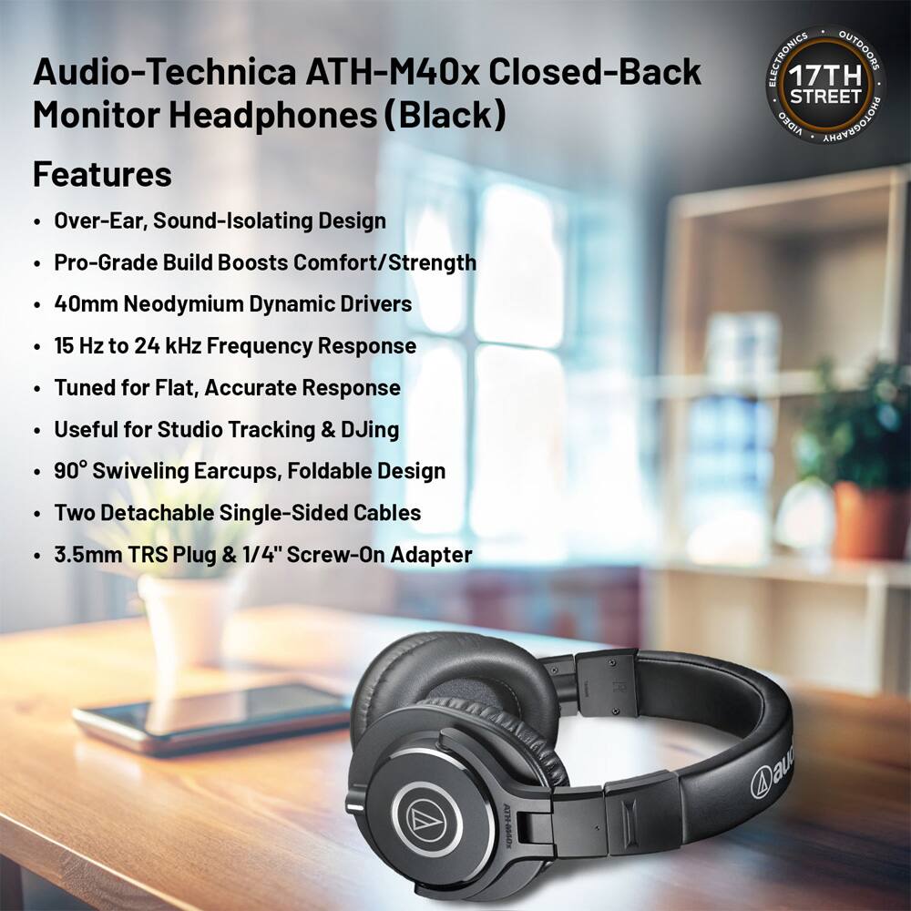 Audio-Technica ATH-M40x Closed-Back Monitor Headphones (Black)

Features
- Over-Ear, Sound-Isolating Design
- Pro-Grade Build Boosts Comfort/Strength
- 40mm Neodymium Dynamic Drivers
- 15 Hz to 24 kHz Frequency Response
- Tuned for Flat, Accurate Response
- Useful for Studio Tracking & DJing
- 90° Swiveling Earcups, Foldable Design
- Two Detachable Single-Sided Cables
- 3.5mm TRS Plug & 1/4" Screw-On Adapter