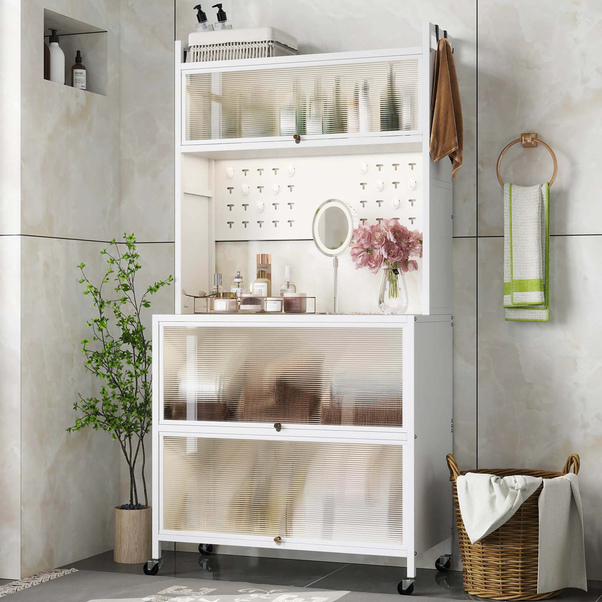 Alt View 3. Costway - Costway 5 Tier Kitchen Bakers Rack Flip Door Cabinets Pegboard & Hooks White - White.