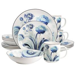 Elama - Peony Garden 16 Piece Floral Design Round Porcelain Dinnerware Set in Blue - White and Blue