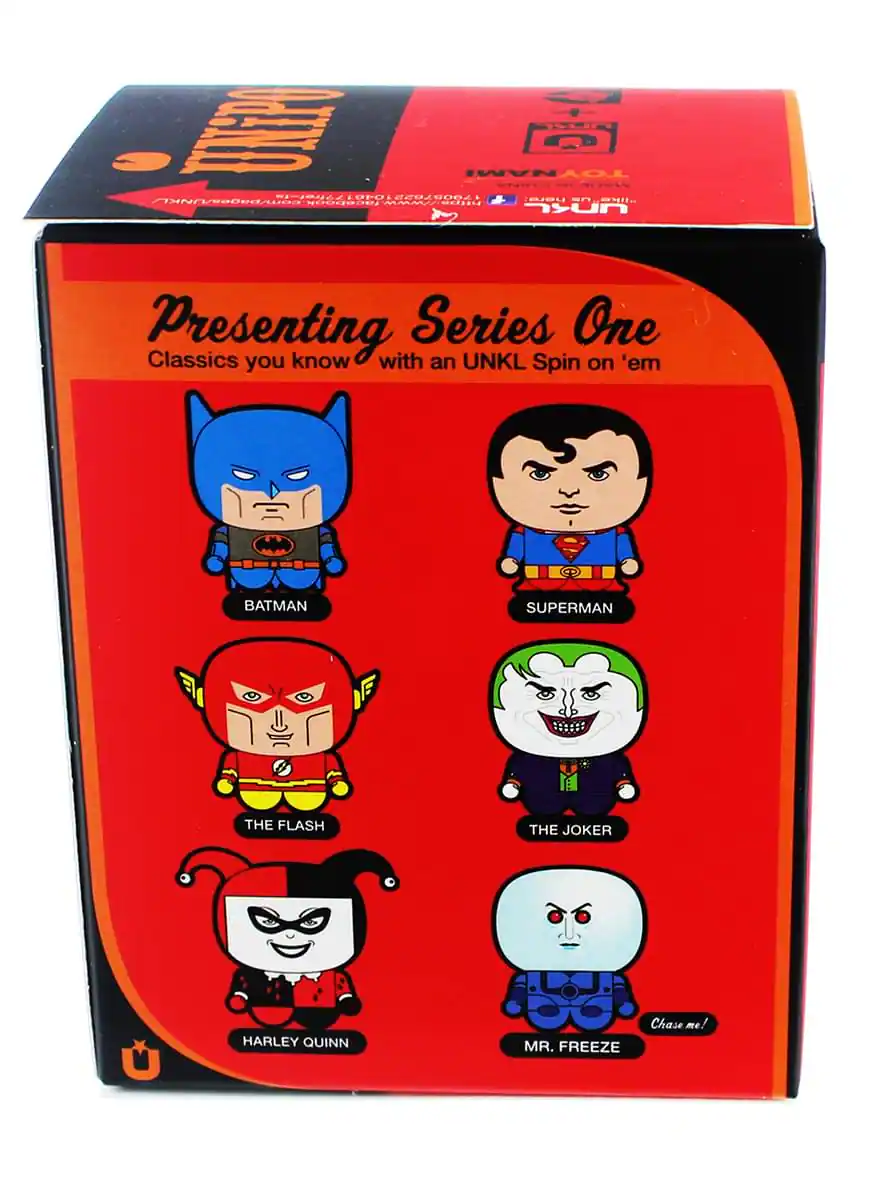 00 ANO/SDed/wos D heis Hcgociess LOPOLEC20004 MA TOYNAMI Har UN5L Sn MI. Presenting Series One Classics you know with an UNKL Spin on 'em BATMAN SUPERMAN THE FLASH THE JOKER HARLEY QUINN MR. FREEZE Chase me!
