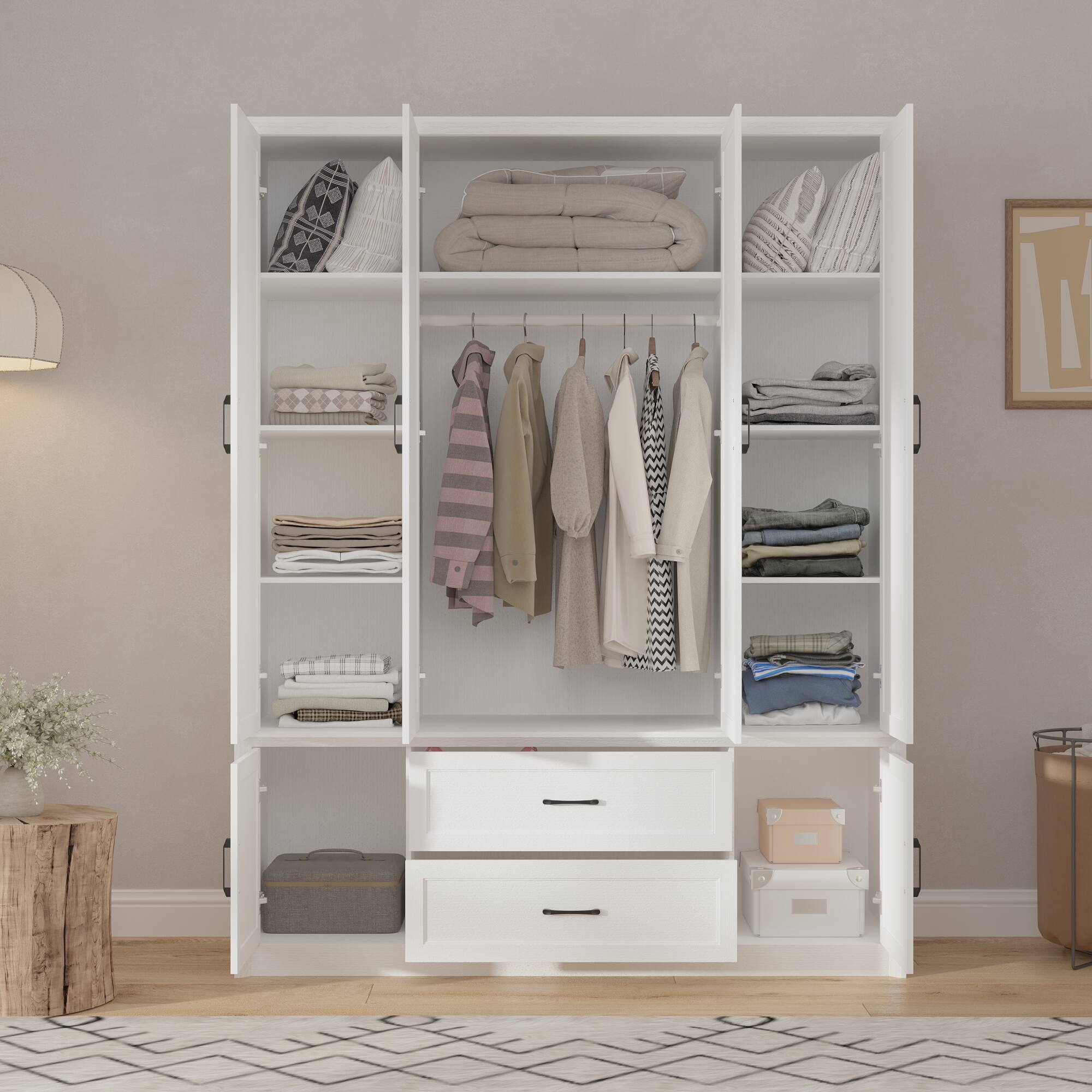 Angle. FUFU&GAGA - Large Capacity Four-Door Wardrobe – The All-in-One Storage Solution for Family Organization - Light Gray.