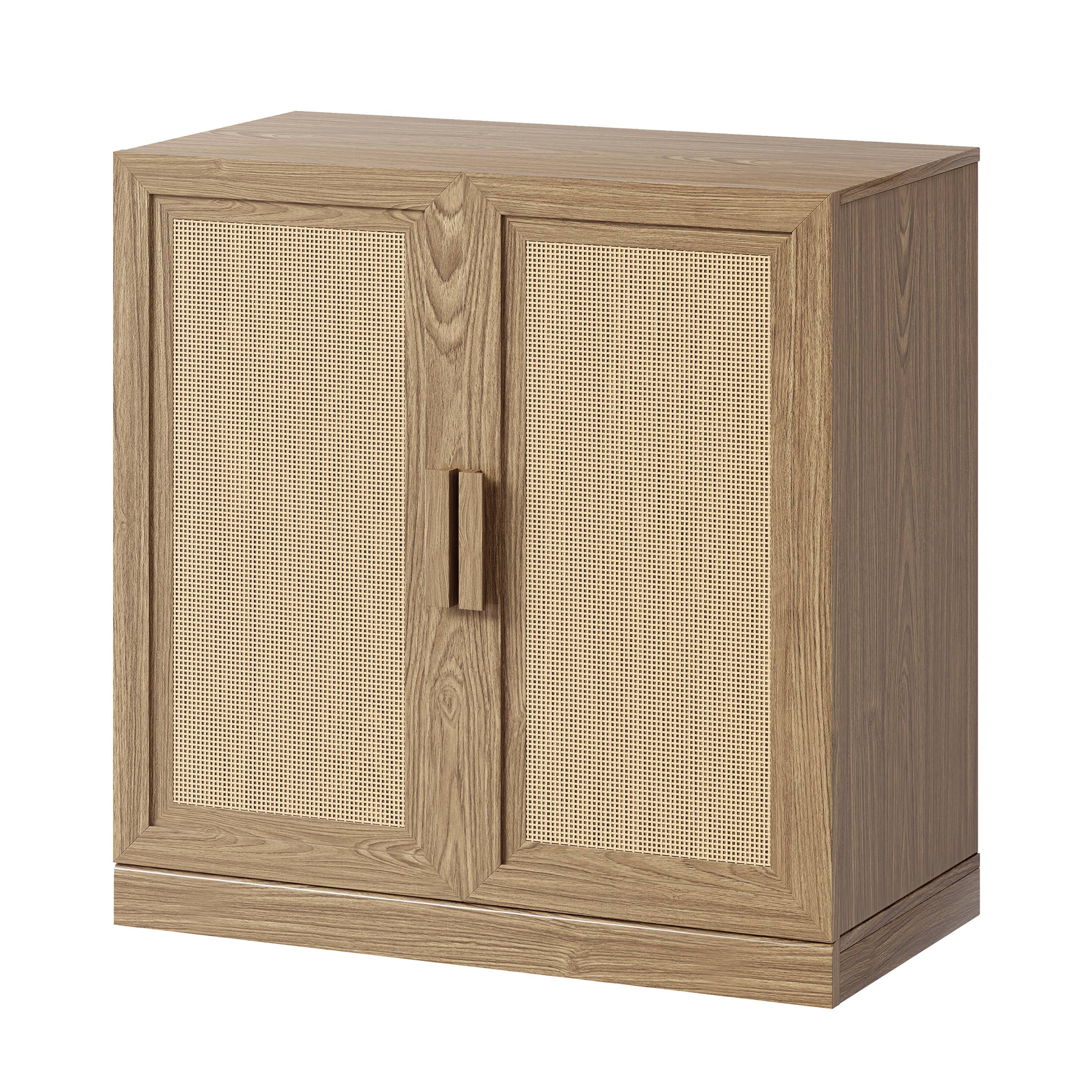 Angle. PexFix - Farmhouse Buffet Sideboard, 31" Solid Wood Storage Cabinet with Woven Doors and 2 Adjustable Shelves for Entryway - Natural.