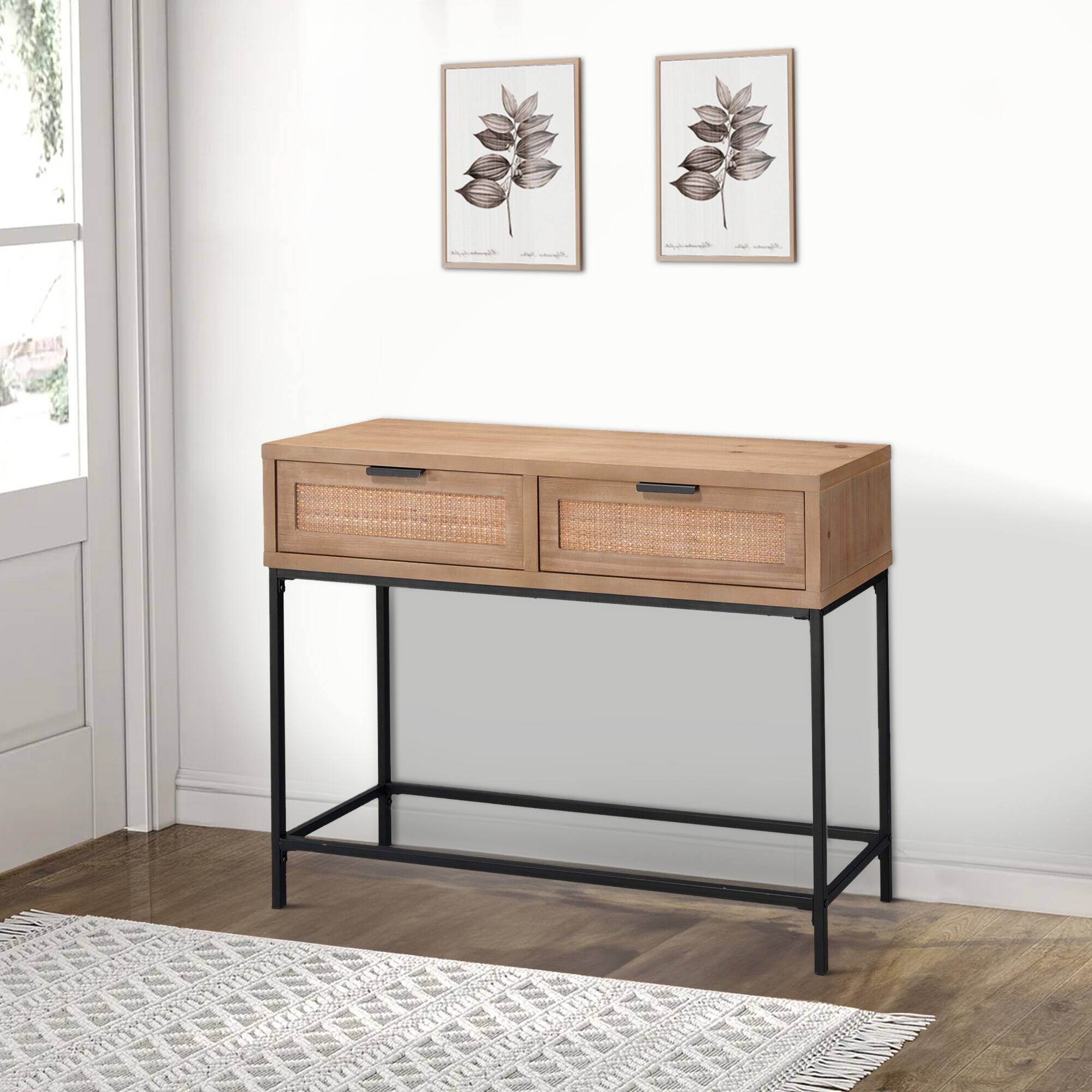 Alt View 2. Manhattan Lane - Console Table with Woven Rattan Front Drawers - Brown.