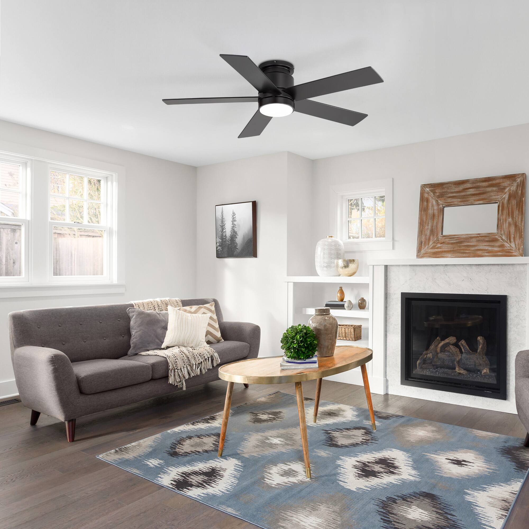 Alt View 1. Breezary - 42"/52" Flush Mount Low Profile Ceiling Fan with LED Light, 5 Blades, DC Motor, Remote Control and Timer, for Indoor Use - Black-42 in.