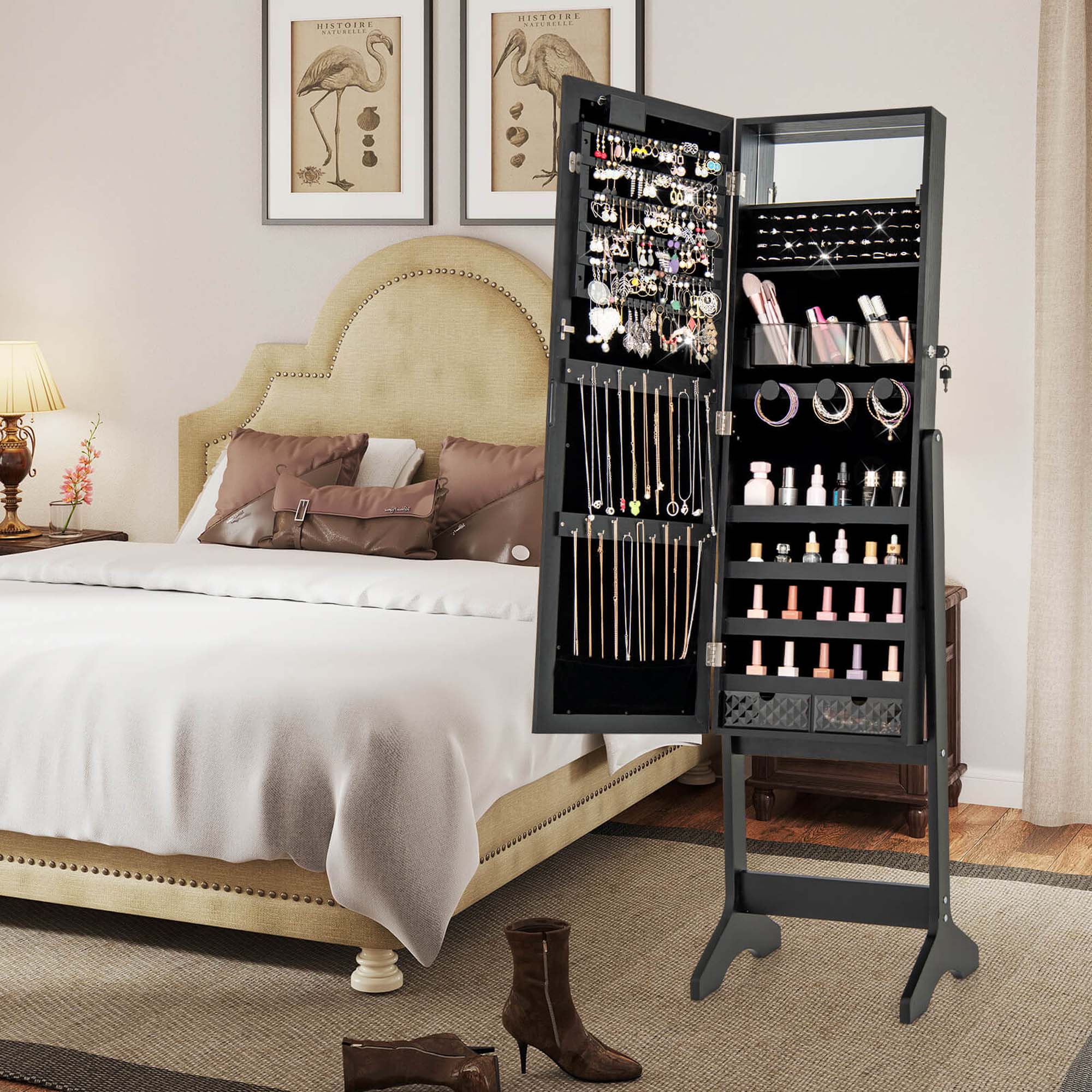 Costway - LED Mirror Jewelry Cabinet with 20 LED Lights Full-Length Mirror Adjustable Angles - Black