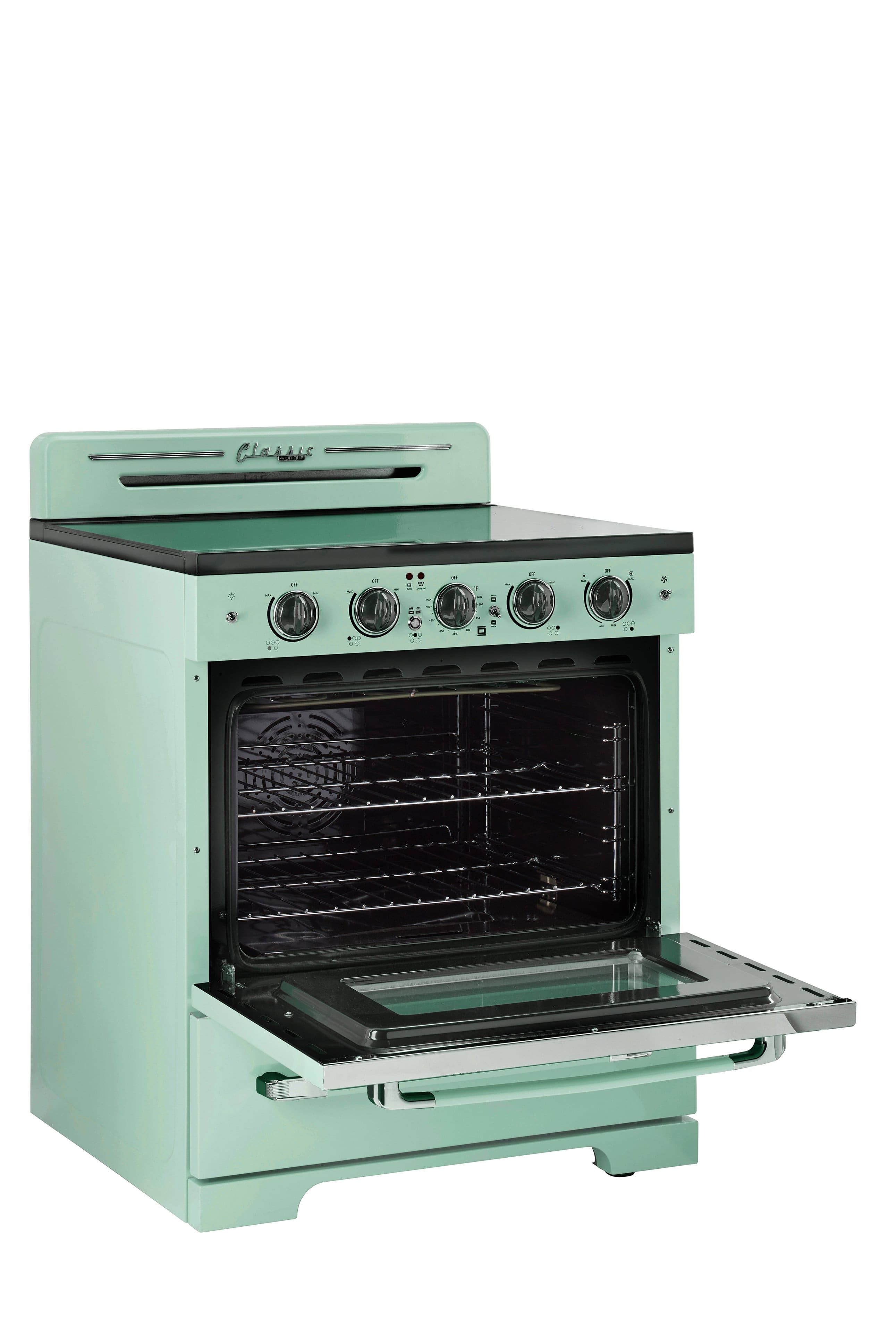 Alt View 19. Unique Appliances - Classic Retro 3.9 Cu. Ft. Freestanding Electic Convection Range with Glass Top and Storage Drawer - Summer Mint Green.