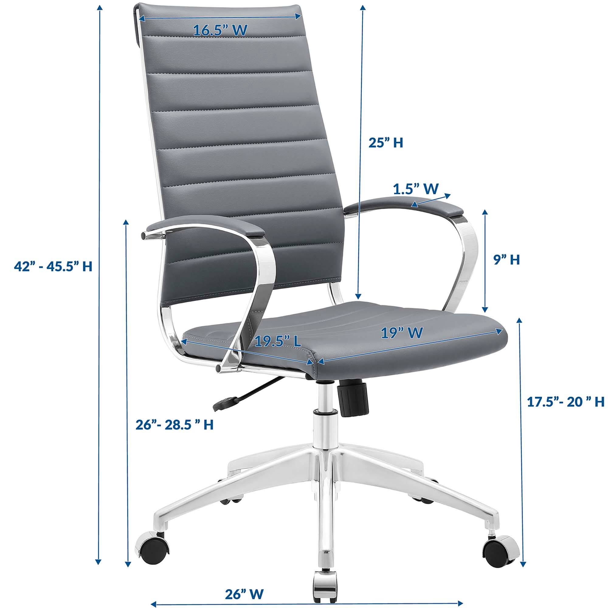 - Width: 16.5"
- Height: 25"
- Armrest Width: 1.5"
- Seat Height: 9"
- Seat Depth: 19.5"
- Seat Width: 19"
- Back Height: 42" - 45.5"
- Overall Height: 26" - 28.5"
- Base Width: 26"
- Seat Height Adjustment: 17.5" - 20"