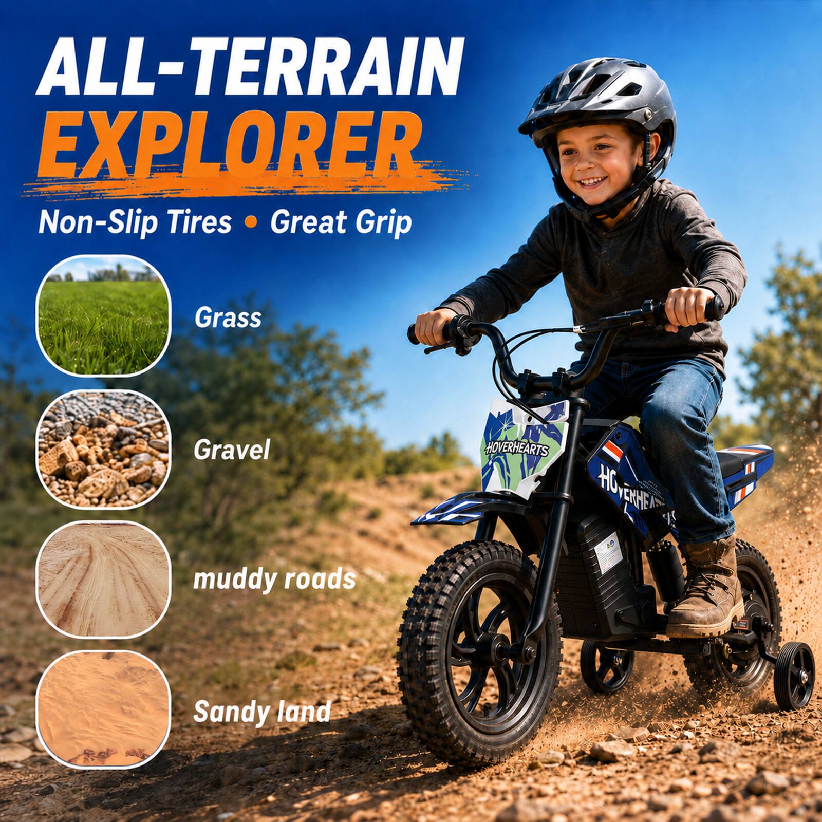 ALL-TERRAIN EXPLORER  
Non-Slip Tires • Great Grip

Grass  
Gravel  
muddy roads  
Sandy land