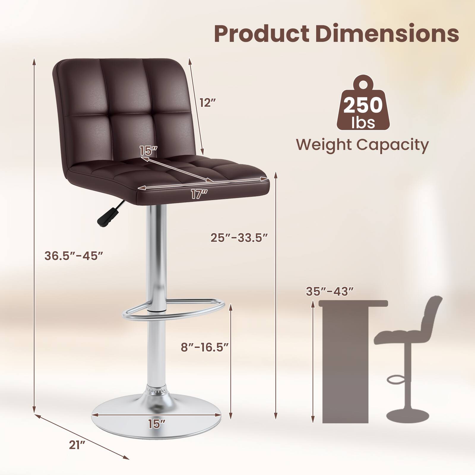 Product Dimensions: 15" 12" 17" 36.5"-45" 25"-33.5" 35"-43" 8"-16.5" 21"

Weight Capacity: 250 lbs