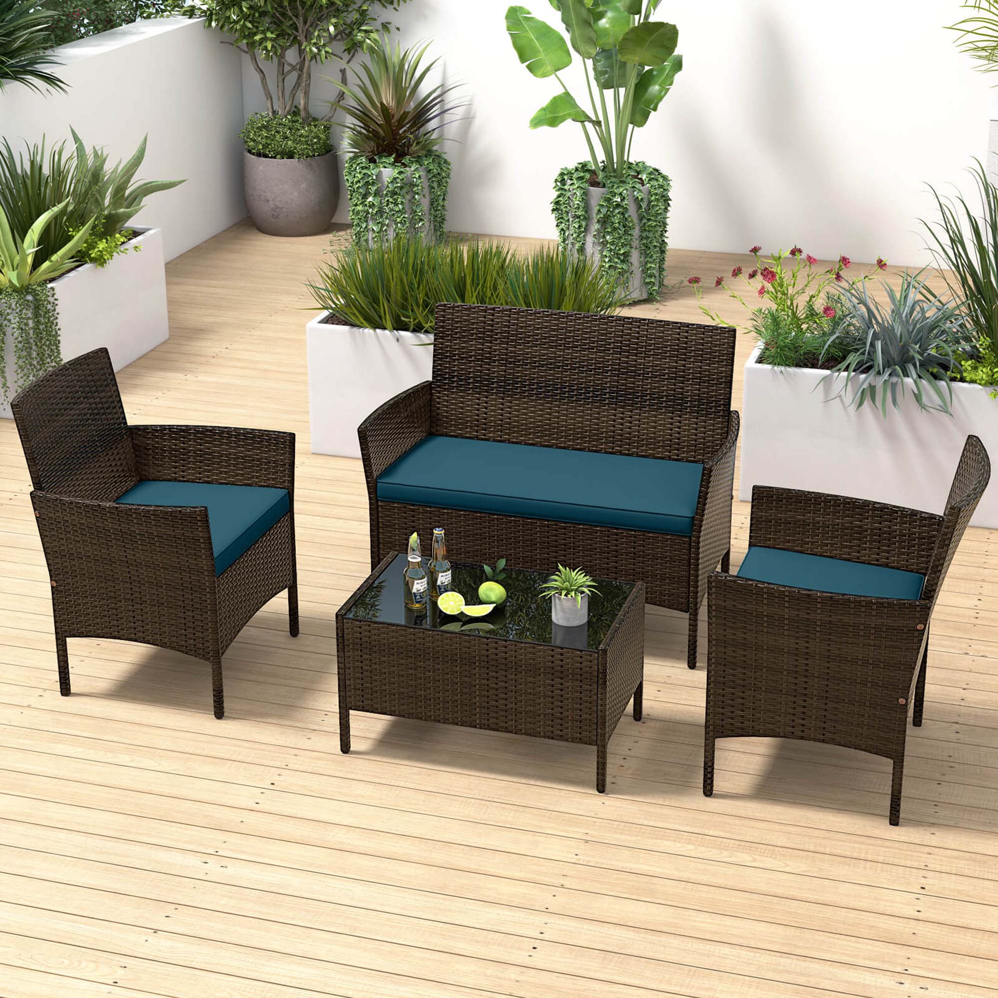 Alt View 1. Costway - 4 PCS Patio Furniture Set withWashable Cushions and Tempered Glass Coffee Table - Blue,Mix Brown.