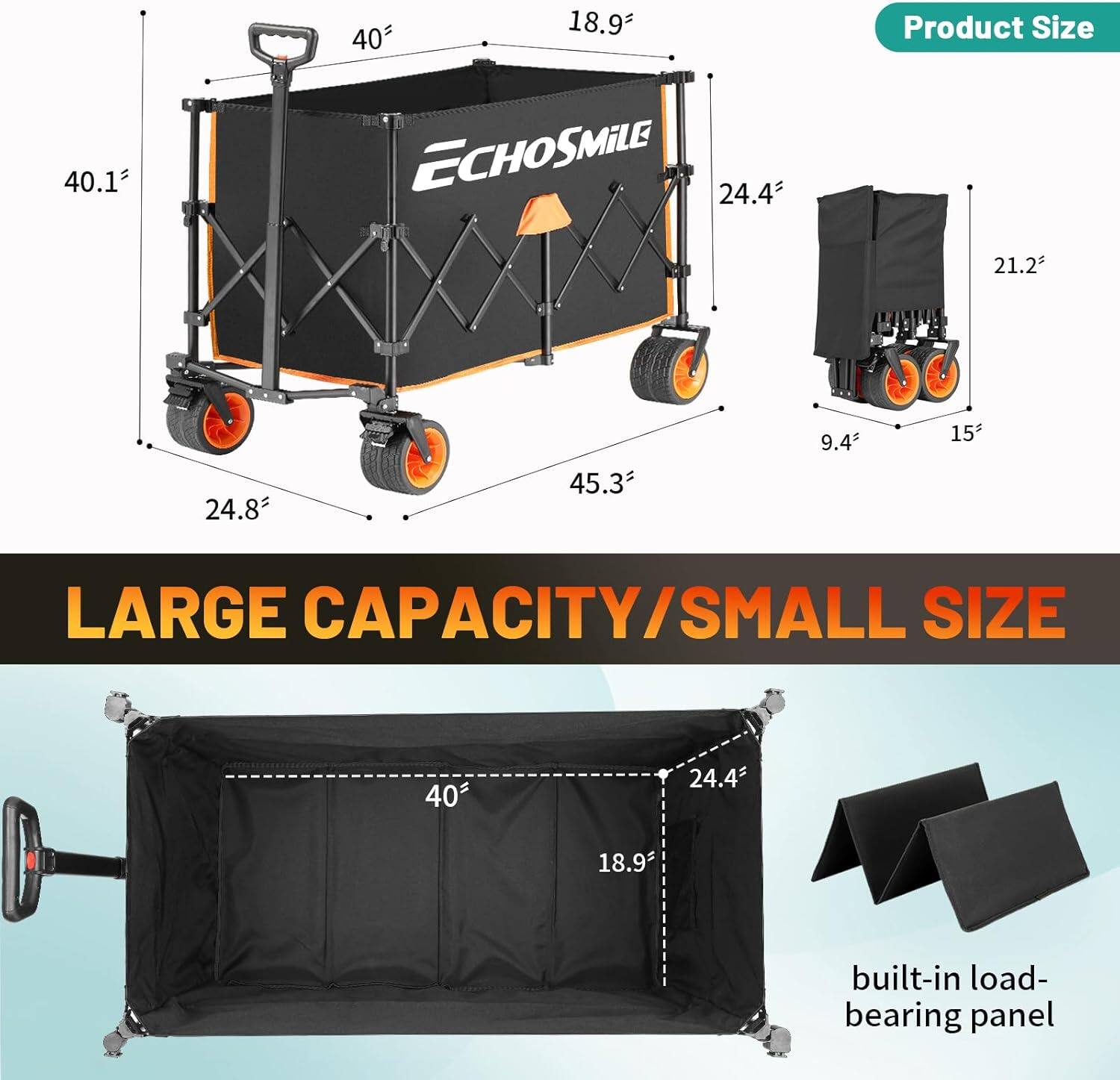 Product Size: 40.1, 18.9, 40, 24.4, 21.2, 24.8, 45.3, 9.4, 15

Large Capacity/Small Size: 40, 24.4, 18.9, built-in load-bearing panel